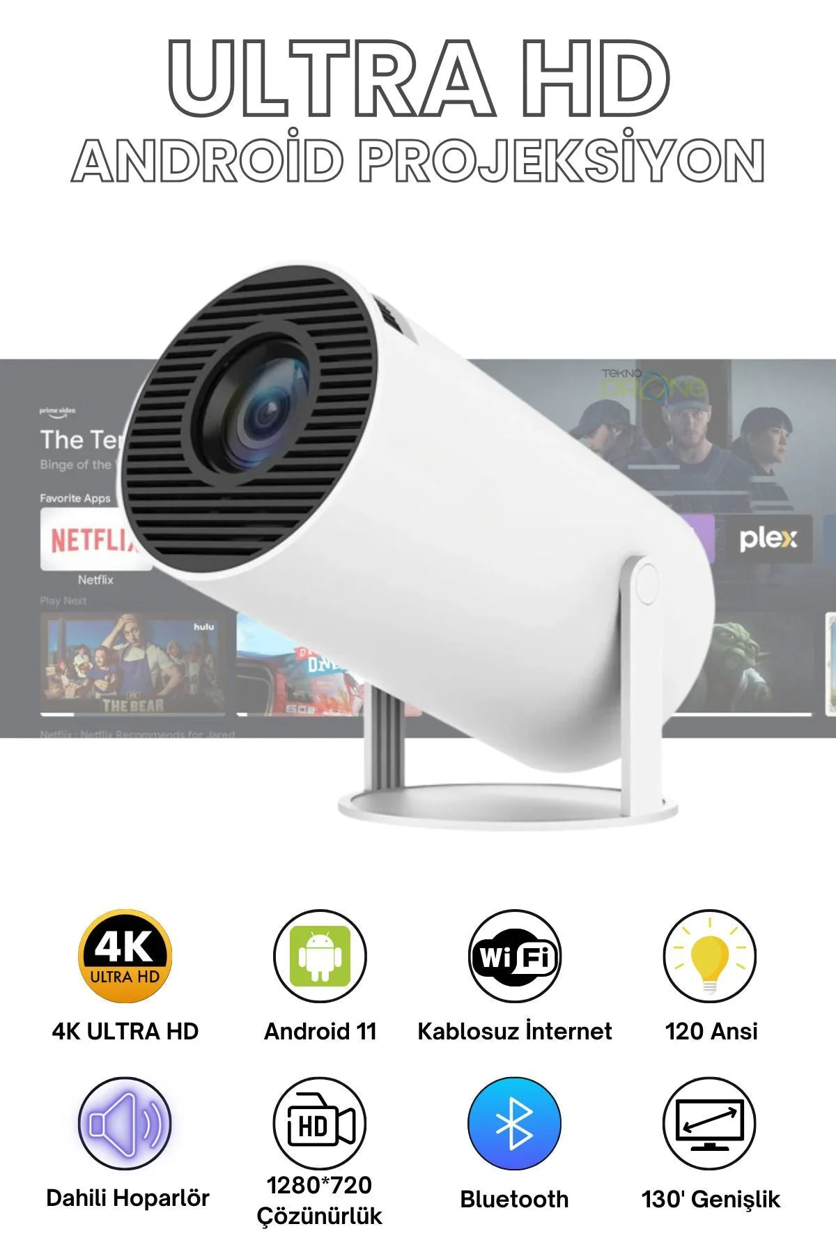 HY300 Mini Projeksiyon – 4K Destekli, Android, WiFi ve Bluetooth ile Taşınabilir Sinema Deneyimi