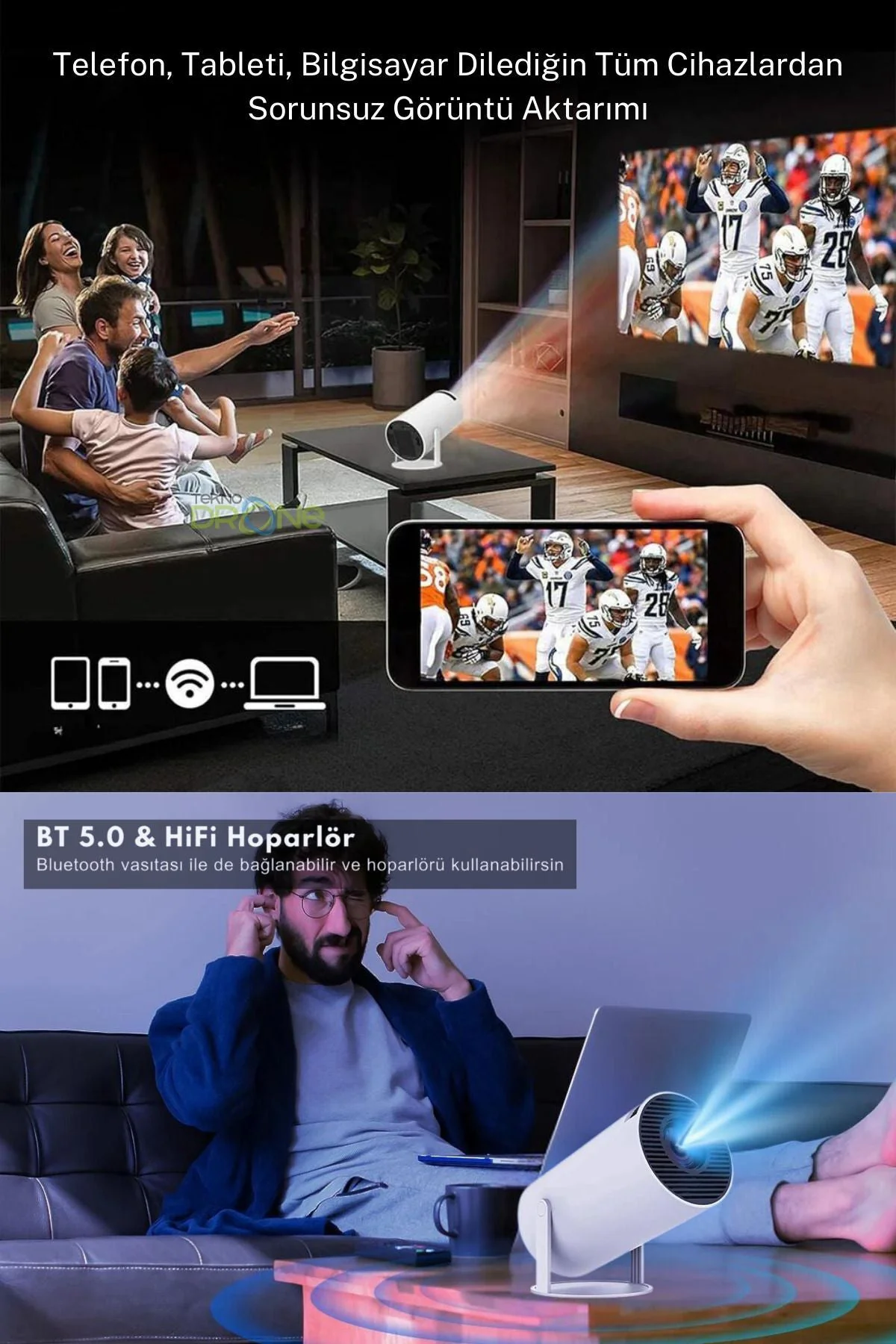 HY300 Mini Projeksiyon – 4K Destekli, Android, WiFi ve Bluetooth ile Taşınabilir Sinema Deneyimi