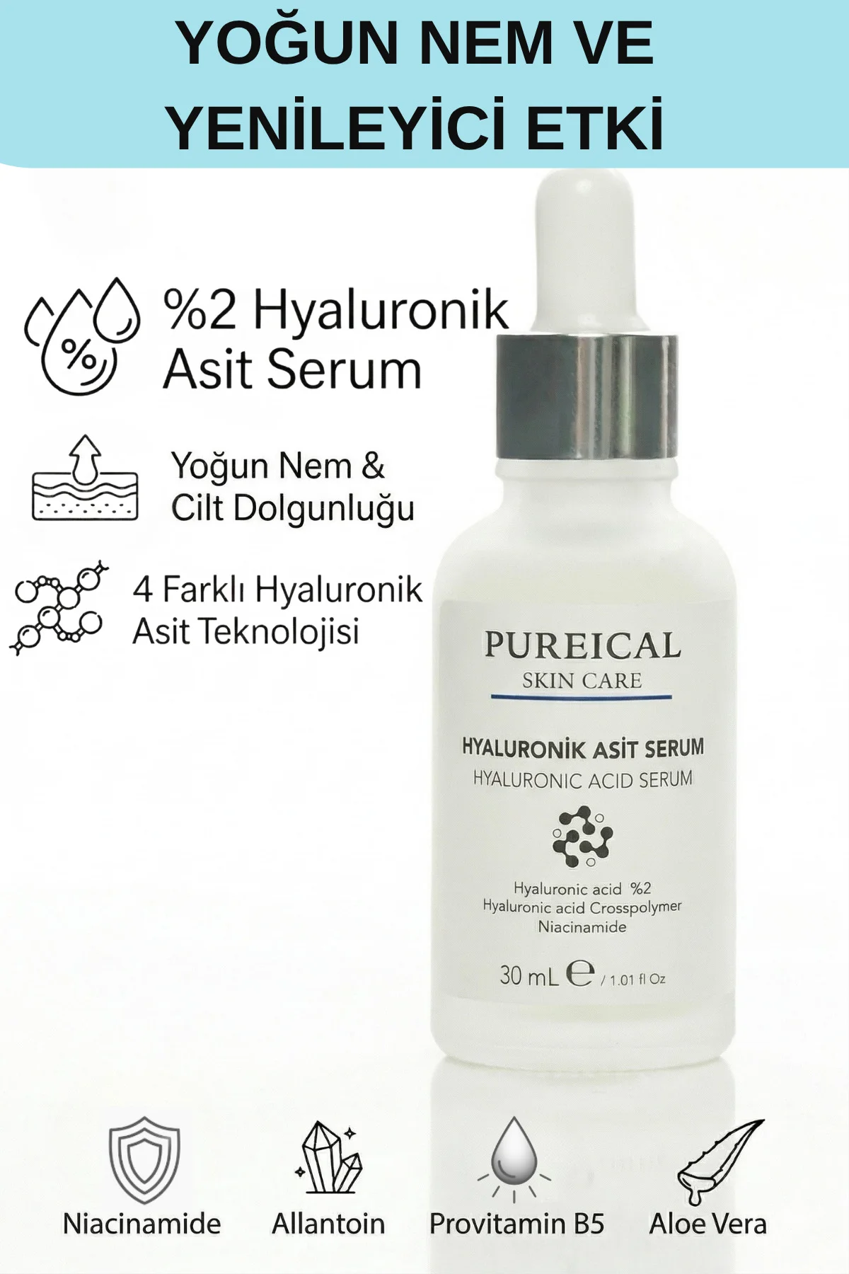 Hyaluronik Asit Serum, niacinamide, hyaluron ,%2 Hyaluronik asit, nemlendirici 30 mL