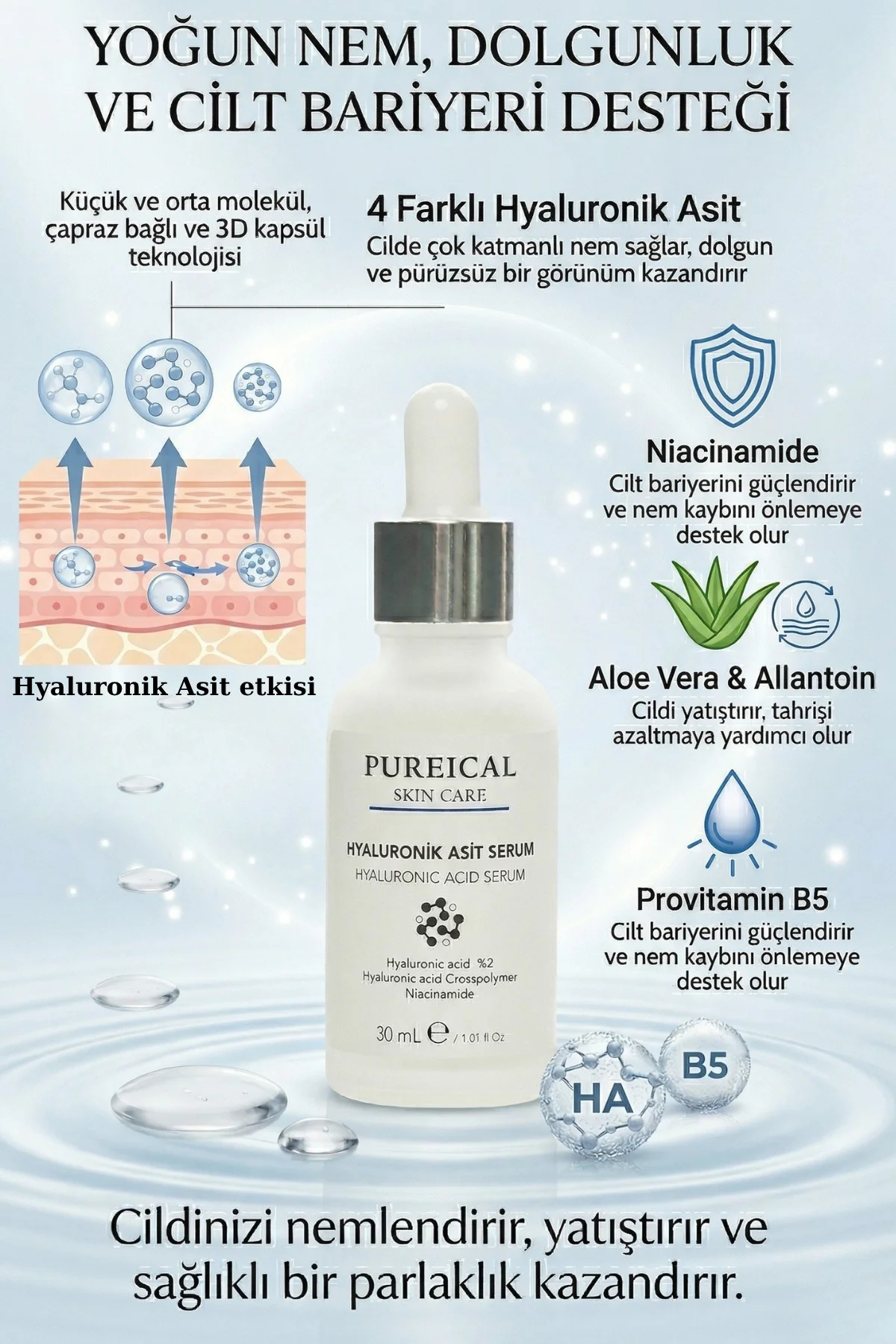 Hyaluronik Asit Serum, niacinamide, hyaluron ,%2 Hyaluronik asit, nemlendirici 30 mL