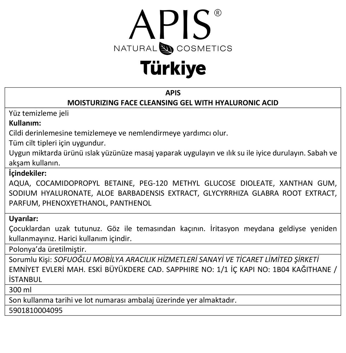 Apis Natural Cosmetics Hyaluronik Asit İçeren Nemlendirici Yüz Temizleme Jeli - 300Ml