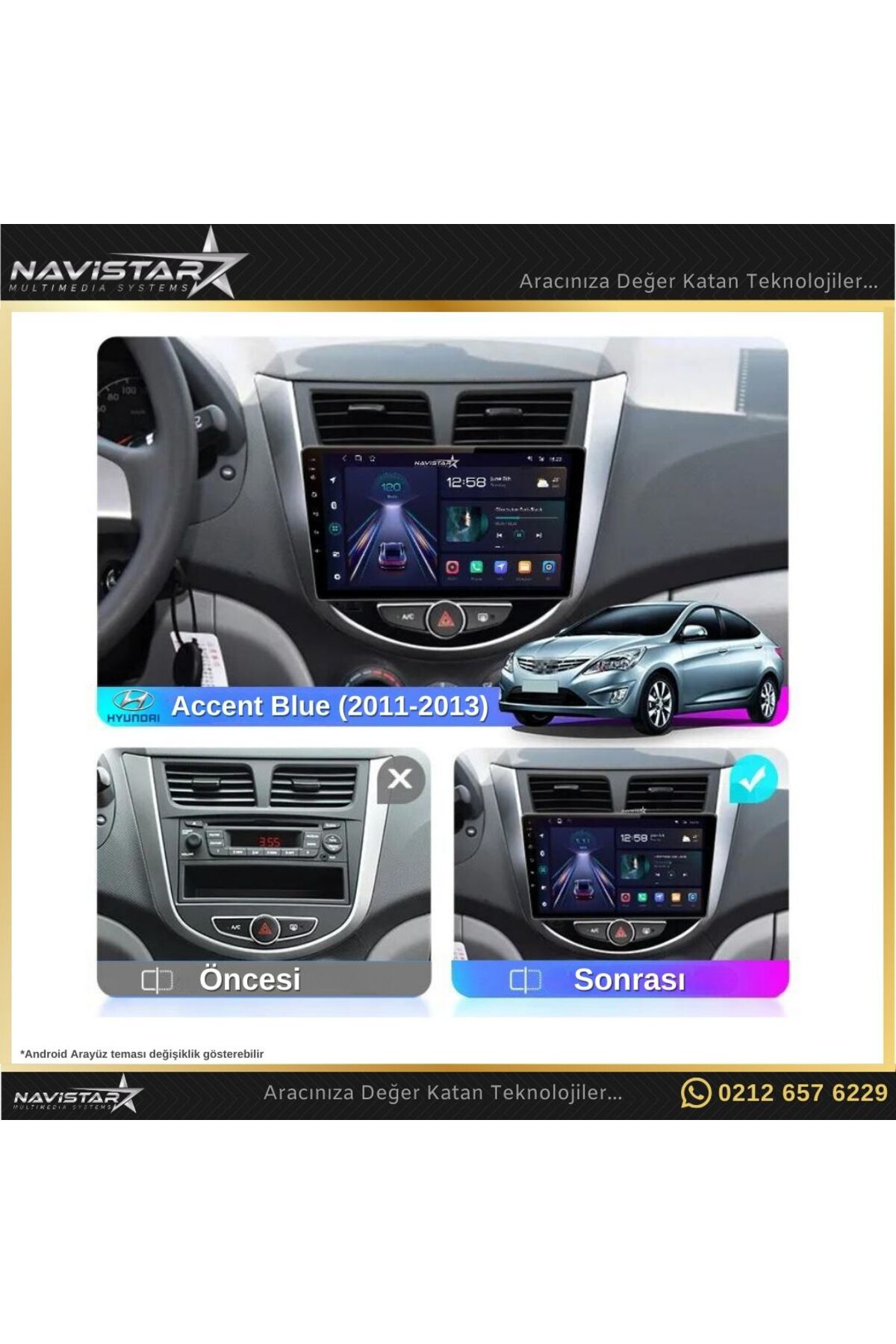 Hyundai Accent Blue 2011-2013 Model 2 64gb Android 13 Kablosuz Ca