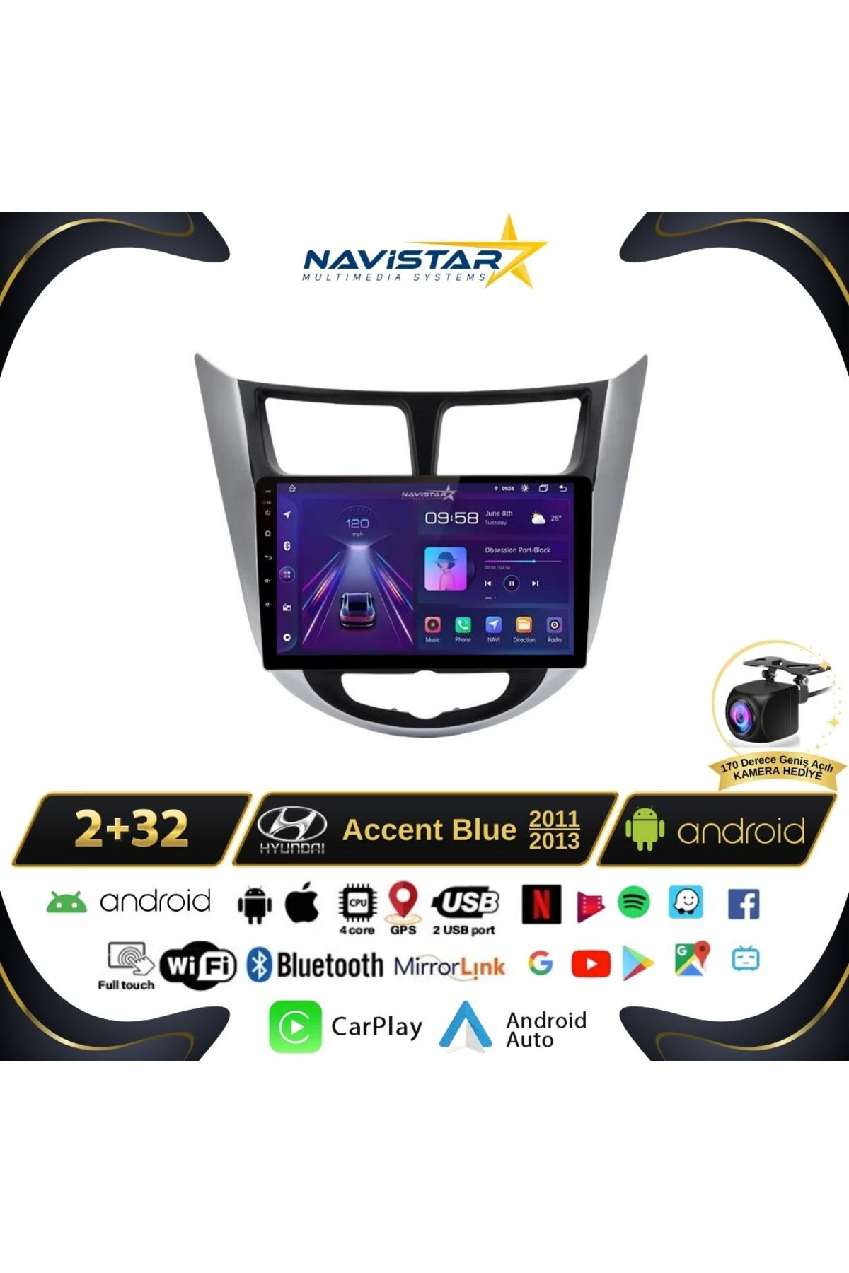 Hyundai Accent Blue 2011-2013 Model 2 64gb Android 13 Kablosuz Ca