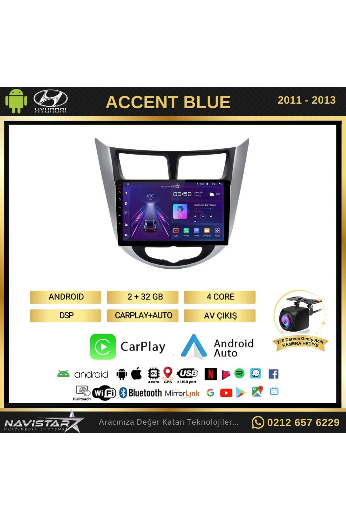Hyundai Accent Blue 2011-2013 Model 2 64gb Android 13 Kablosuz Ca