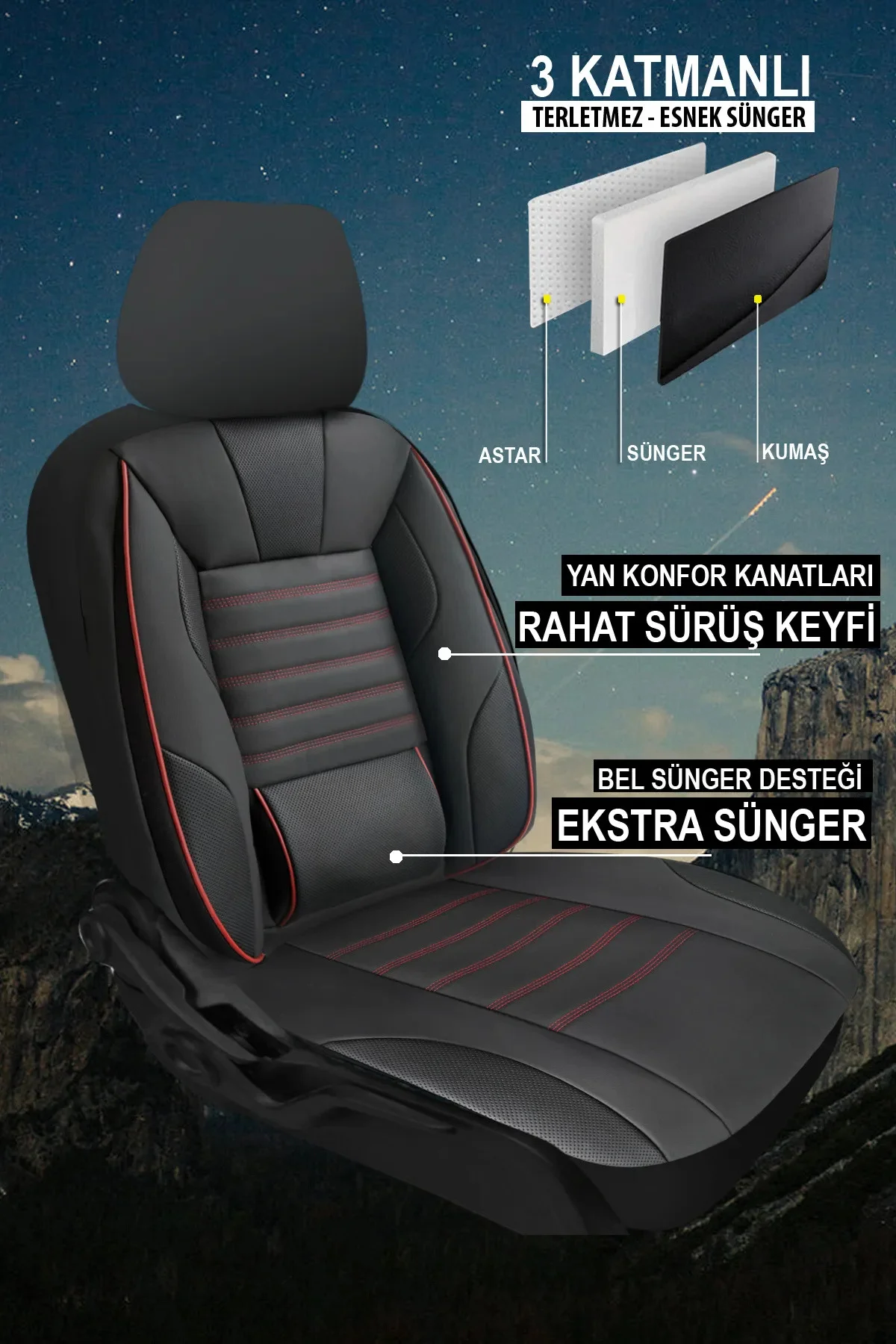 Hyundai Accent Era Sedan 2006-2011   Aracınıza Uyumlu Siyah Kırmızı Sarp Serisi Bel Destekli Kılıf