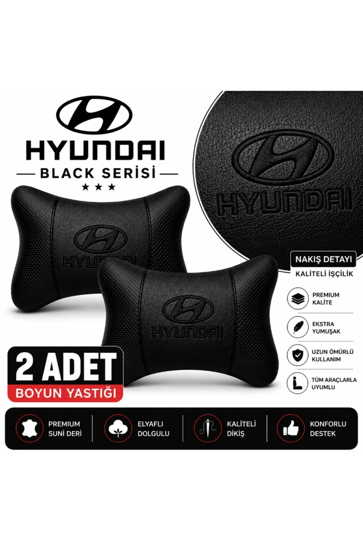 Hyundai Black Serisi 2 Adet Araç Boyun Yastığı Siyah Premium Suni Deri Elyaf Dolgulu Oto Boyun Desteği Hyundai Black Serisi 2 Adet Araç Boyun Yastığı Siyah Premium Suni Deri Elyaf Dolgulu Oto Boyun Desteği