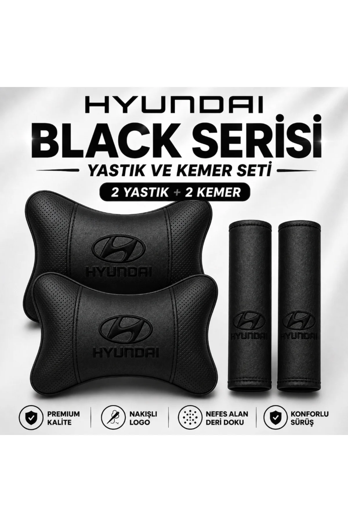 Hyundai Black Serisi 4 Parça Oto Boyun Yastığı ve Emniyet Kemer Pedi Seti – 2 Yastık + 2 Kemer Pedi, Siyah Nakışlı Hyundai Black Serisi 4 Parça Oto Boyun Yastığı ve Emniyet Kemer Pedi Seti – 2 Yastık + 2 Kemer Pedi, Siyah Nakışlı