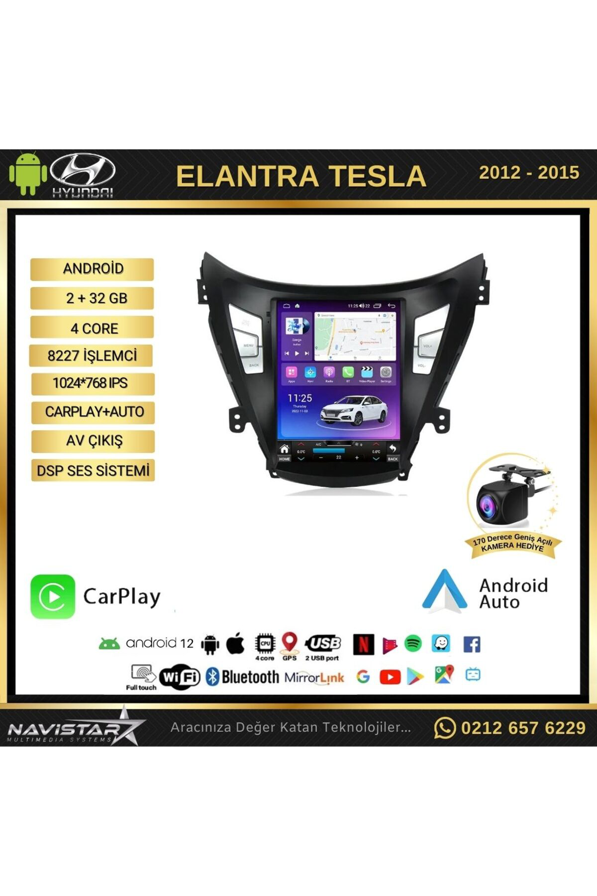 Hyundai Elantra Tesla 2012-2015 Model 2gb 32gb Kablosuz Carplay N