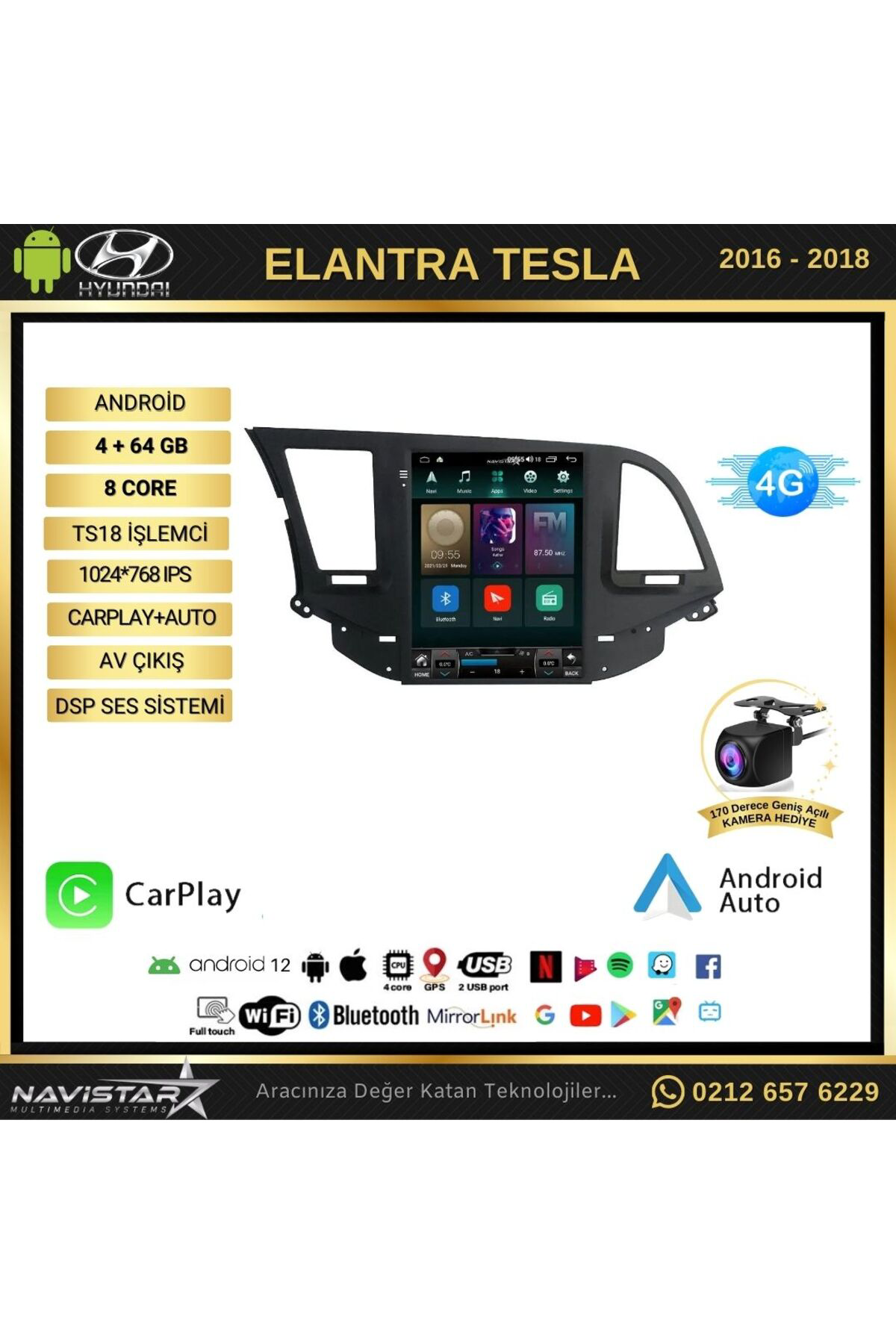 Hyundai Elantra Tesla 4gb 64gb 2016-2018 Model Kablosuz Carplay N Hyundai Elantra Tesla 4gb 64gb 2016-2018 Model Kablosuz Carplay N