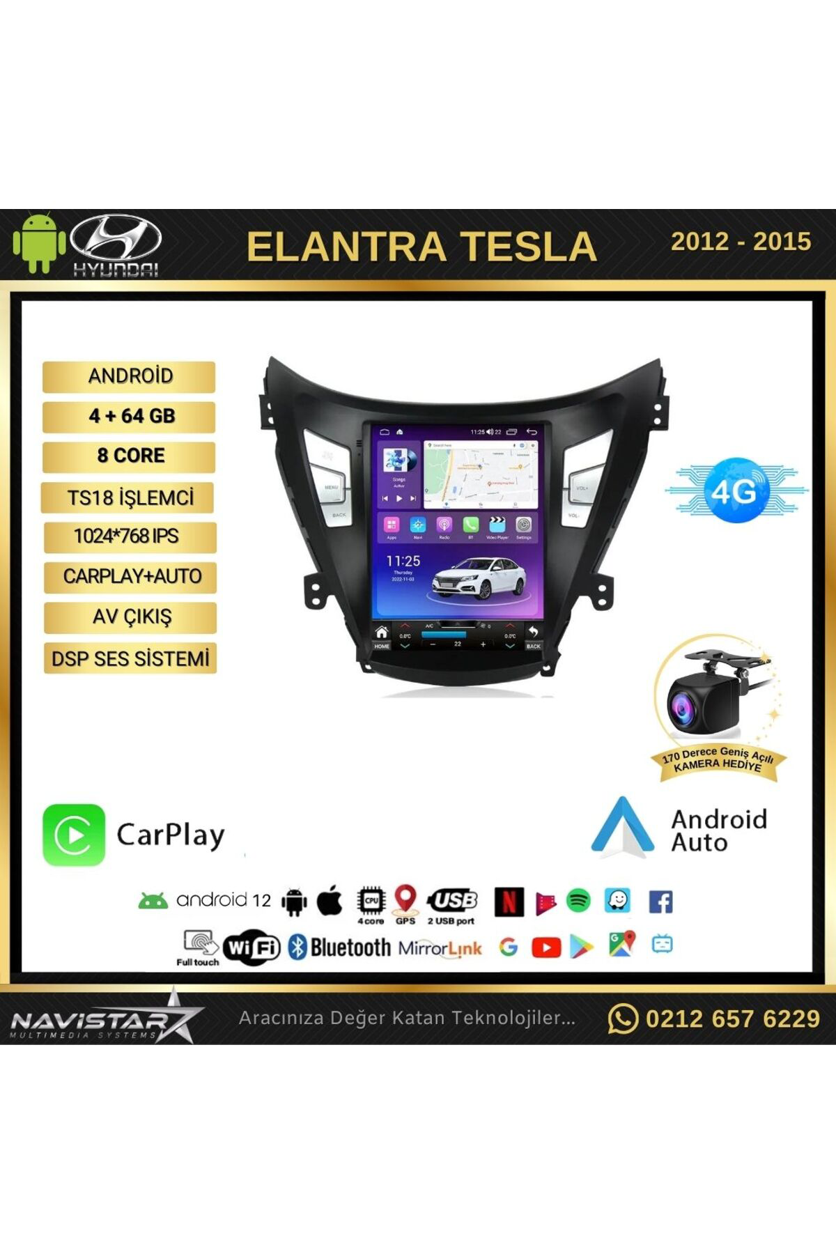 Hyundai Elantra Tesla 4gb 64gb 2012-2015 Model Kablosuz Carplay N
