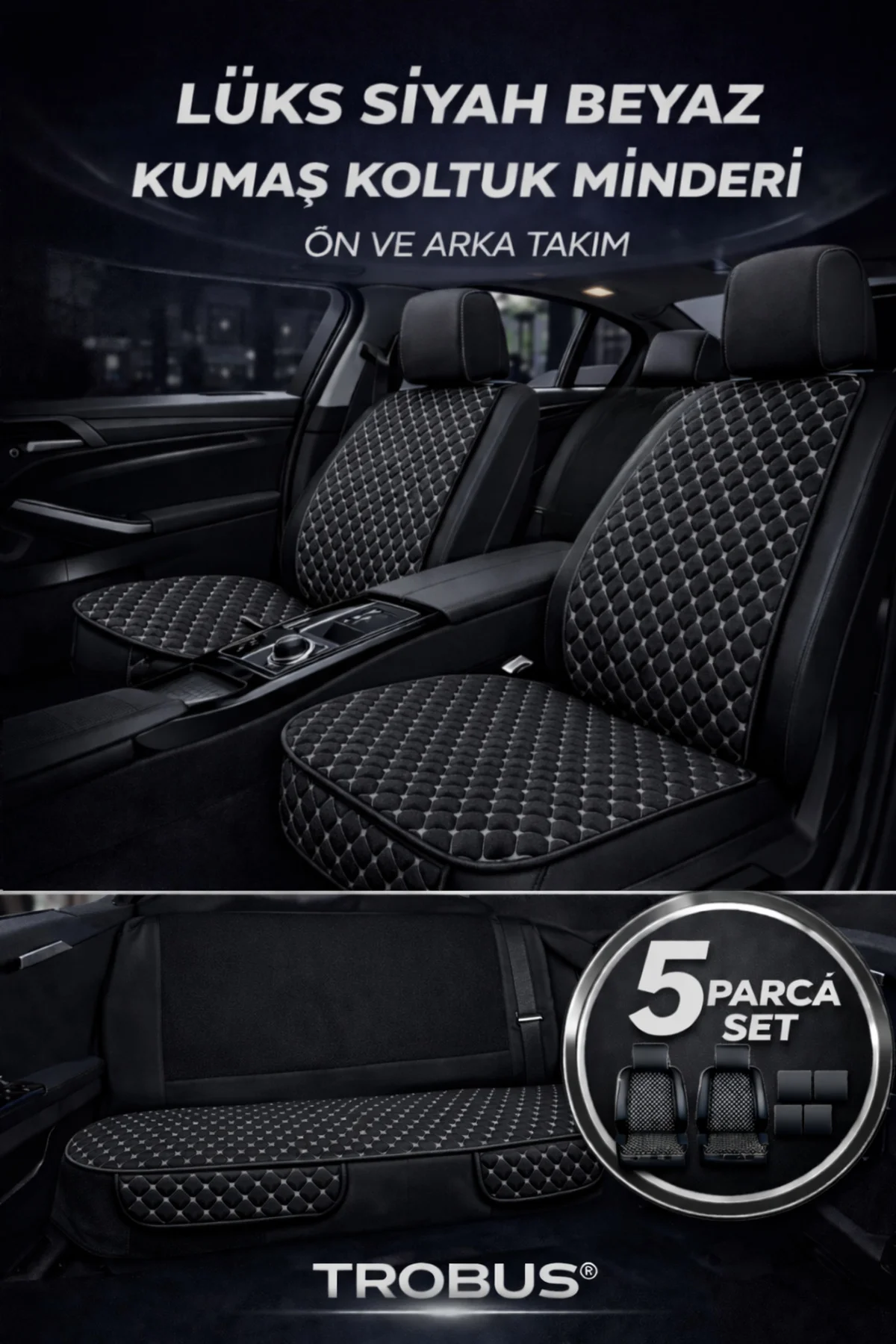 Hyundai Elantra Uyumlu 5 Parça Terletmez Kumaş Koltuk Minderi Siyah Beyaz