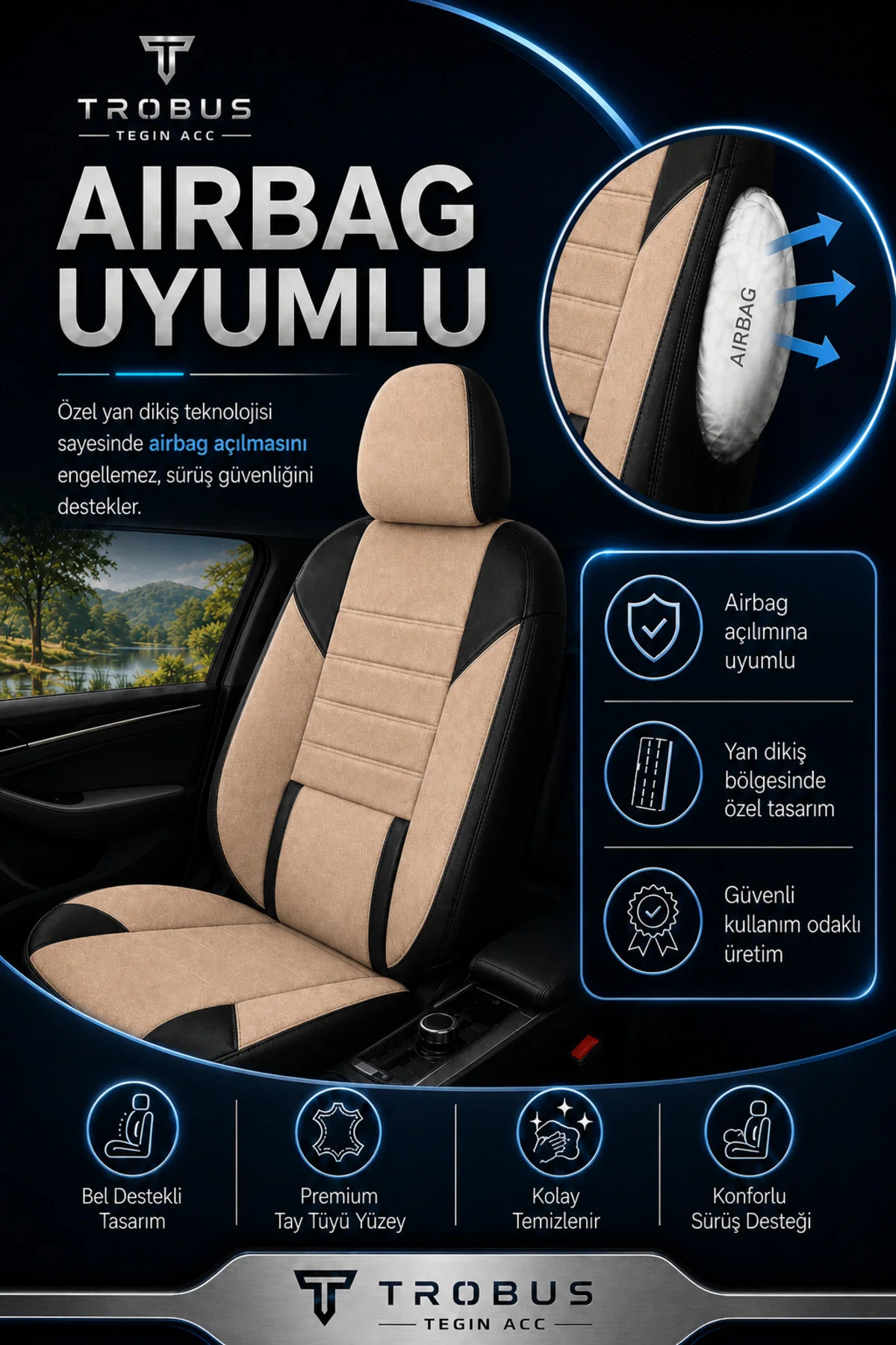 Hyundai Elentra 2011-2015 Uyumlu Nova Serisi Tay Tüyü Oto Koltuk Kılıfı Bej Siyah
