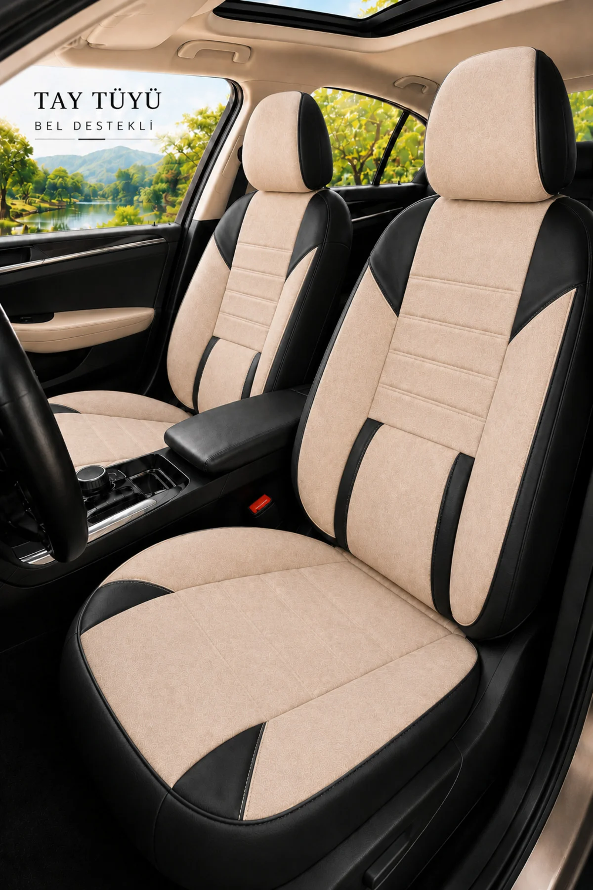 Hyundai Elentra 2011-2015 Uyumlu Nova Serisi Tay Tüyü Oto Koltuk Kılıfı Bej Siyah