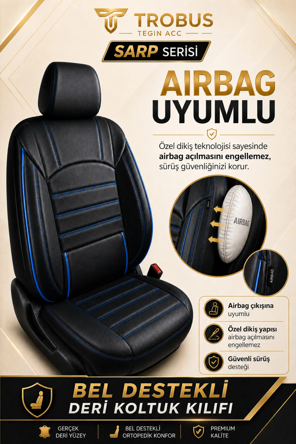 Hyundai Elentra Sedan 2011-2015 Aracınıza Uyumlu Siyah Mavi Sarp Serisi Bel Destekli Kılıf