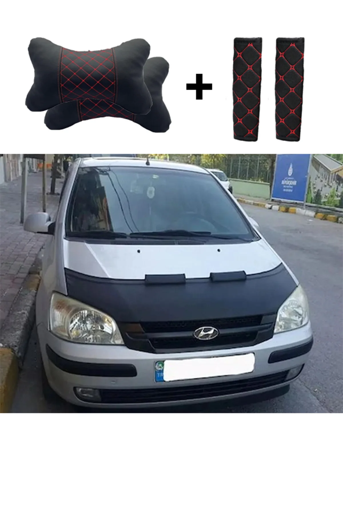 Hyundai Getz Uyumlu Deri Kaput Maskesi Kırmızı Nakış Kapitone Yastık-Kemer Setli Hyundai Getz Uyumlu Deri Kaput Maskesi Kırmızı Nakış Kapitone Yastık-Kemer Setli