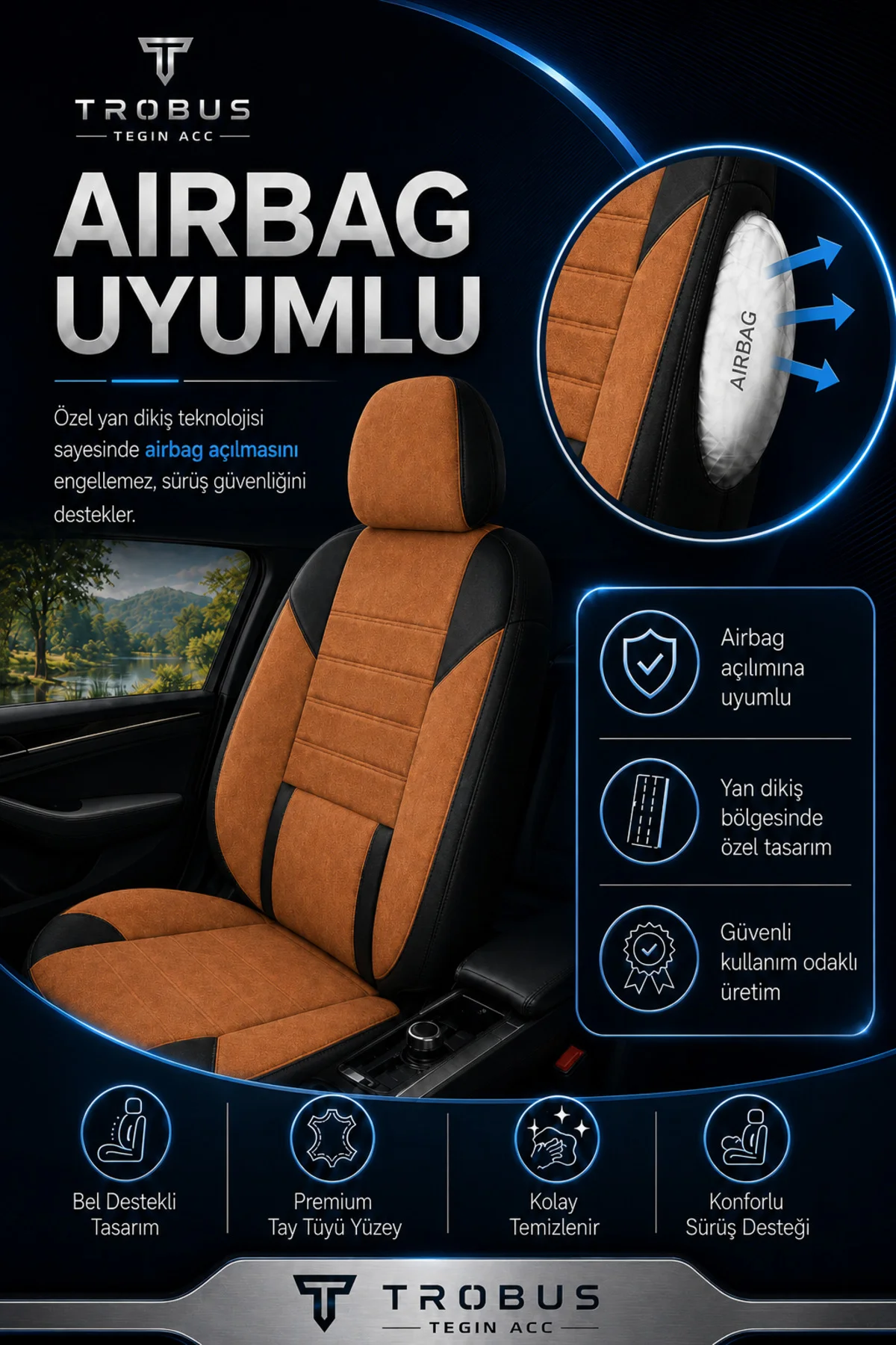 Hyundai İ-20 2020 ve Sonrası Uyumlu Nova Serisi Tay Tüyü Oto Koltuk Kılıfı Taba Siyah
