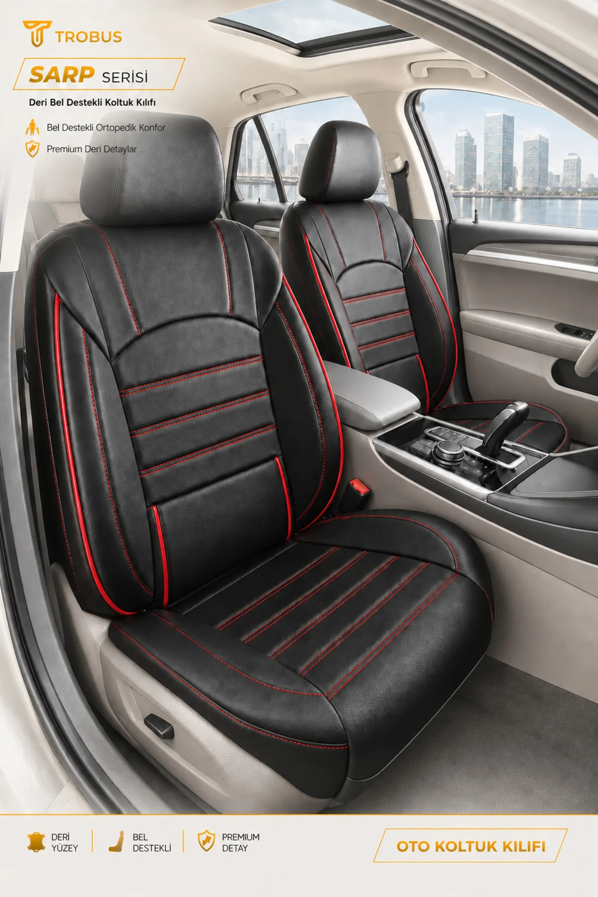 Hyundai İ-20 2020 ve Sonrası Aracınıza Uyumlu Sarp Serisi Deri Lakost Bel Destekli Koltuk Kılıfı Siyah Kırmızı