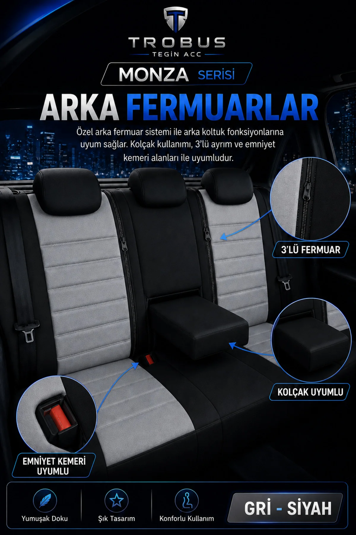 Hyundai İ-30 2008-2011 Uyumlu Monza Serisi Tay Tüyü Oto Koltuk Kılıfı Gri Siyah Hyundai İ-30 2008-2011 Uyumlu Monza Serisi Tay Tüyü Oto Koltuk Kılıfı Gri Siyah