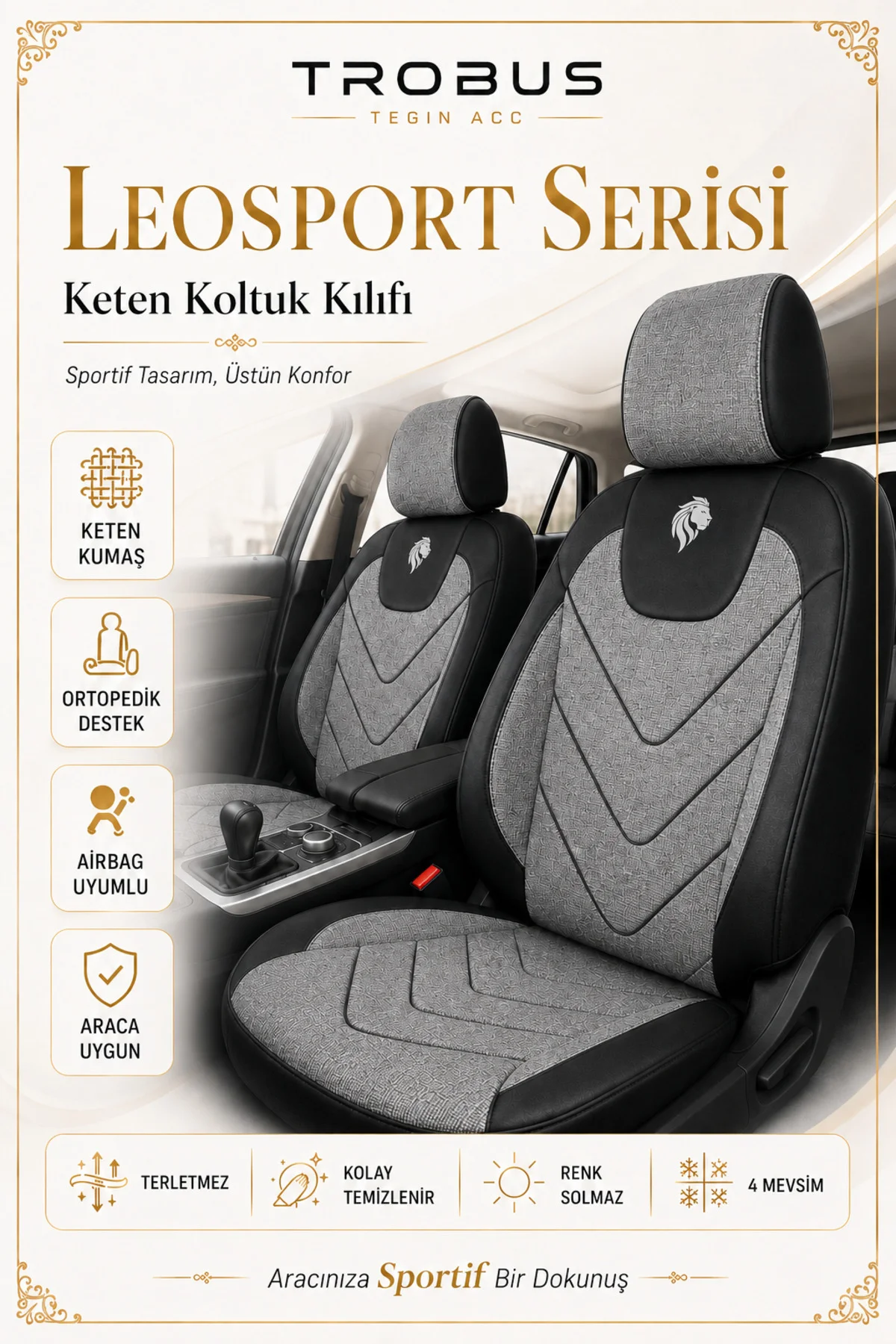 Hyundai İ-30 2012-2016 Uyumlu LeoSport Serisi Keten Oto Koltuk Kılıfı Gri Siyah