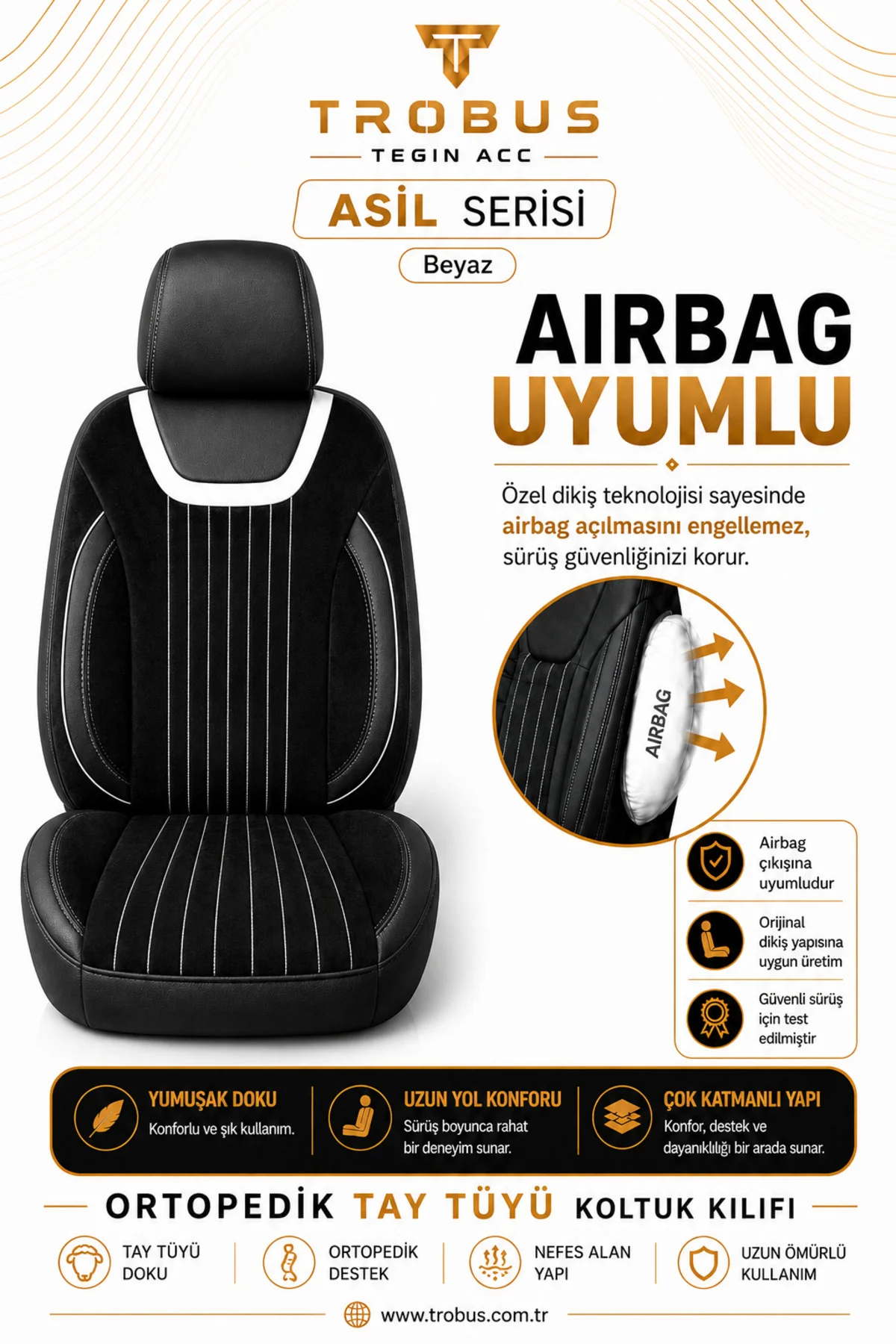 Hyundai i10 2007+ Uyumlu Asil Serisi Ortopedik Tay Tüyü Siyah Beyaz Koltuk Kılıfı