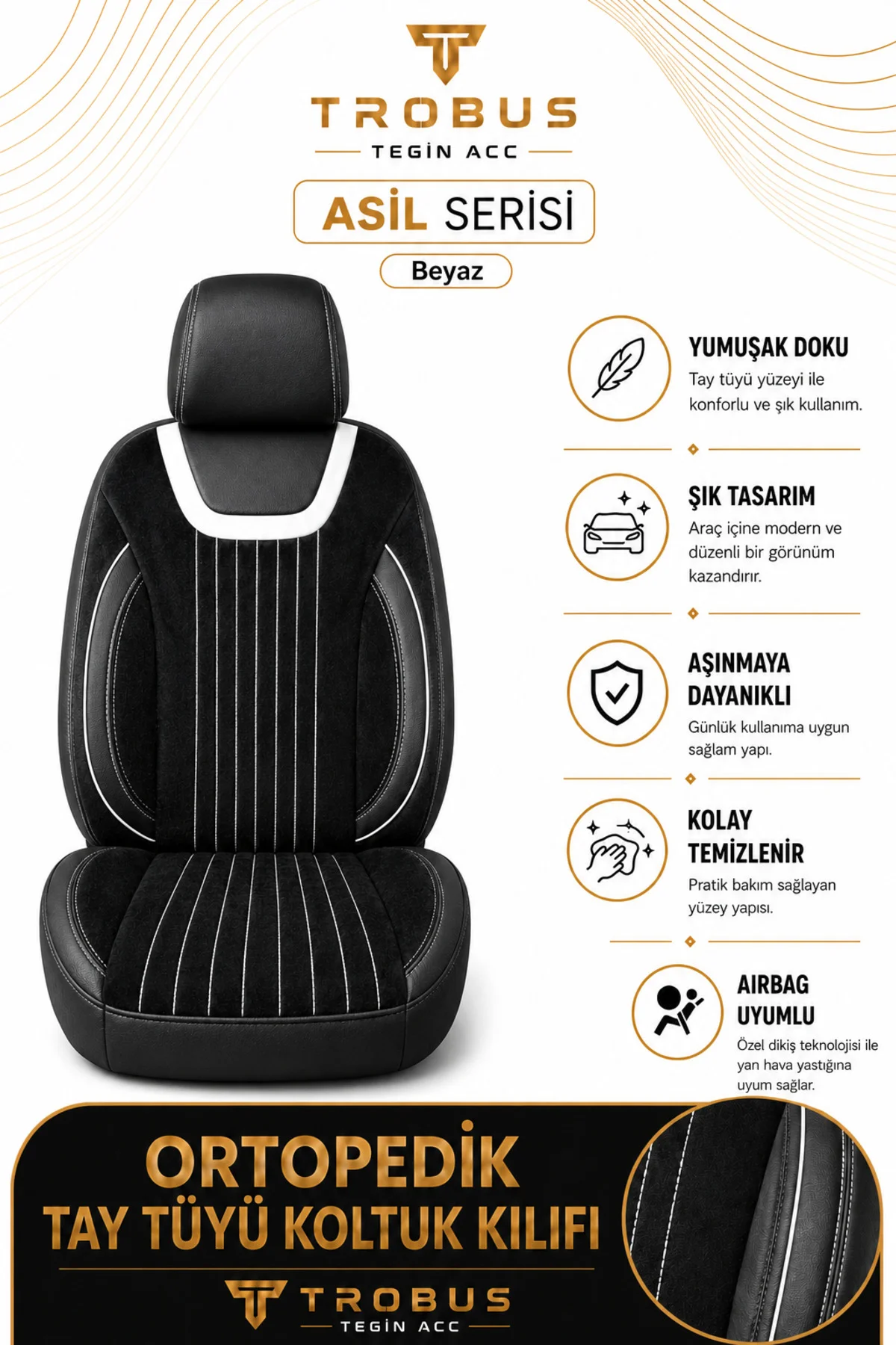 Hyundai i10 2007+ Uyumlu Asil Serisi Ortopedik Tay Tüyü Siyah Beyaz Koltuk Kılıfı