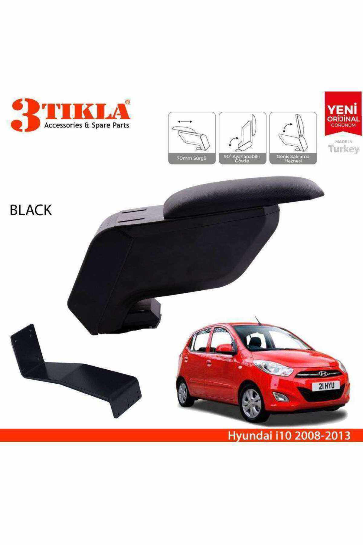 Hyundai i10 2008-2013 Delmesiz Çelik Ayaklı Siyah Kolçak Kol Daya