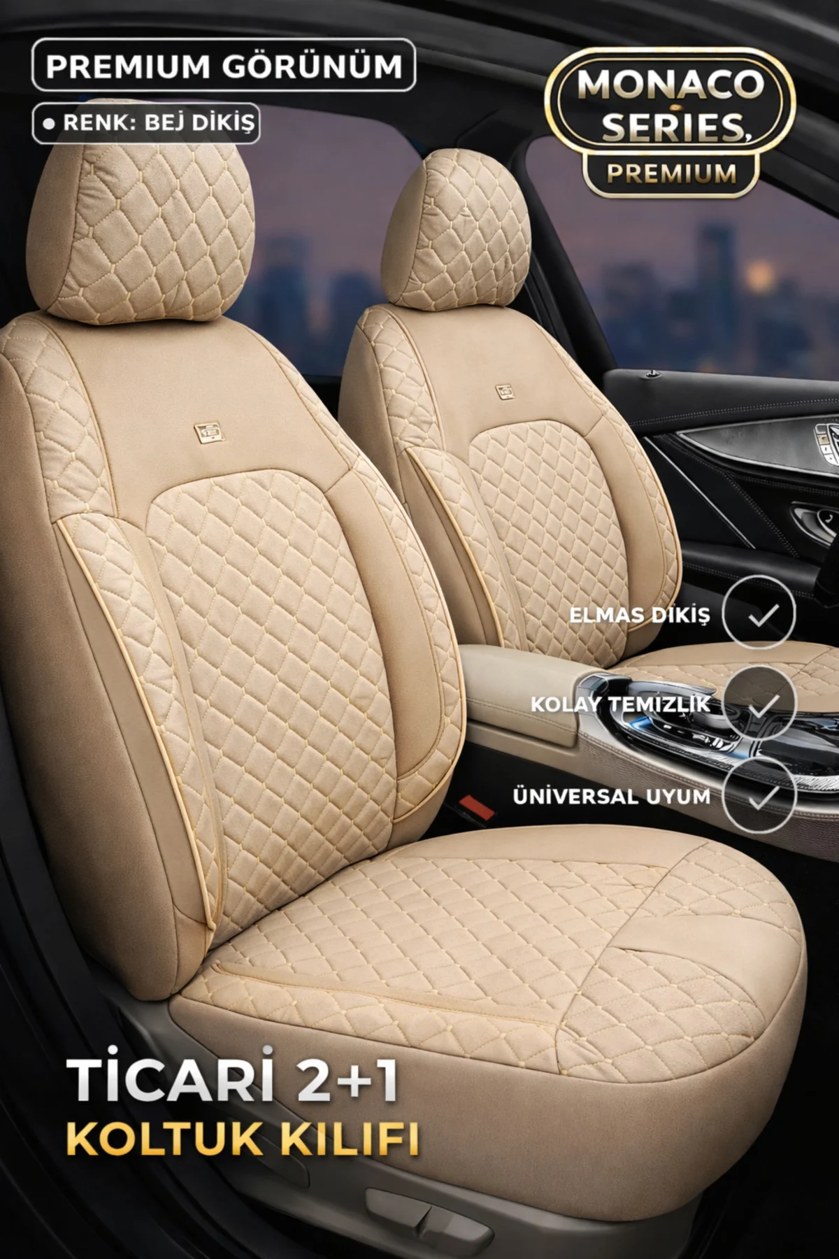 Hyundai i10 2013-2017 2+1 Arka Sırt Oturak Uyumlu Monaco Serisi Bej Koltuk Kılıfı