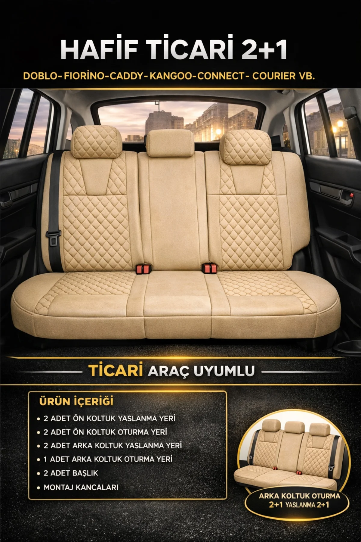 Hyundai i10 2013-2017 2+1 Arka Sırt Oturak Uyumlu Monaco Serisi Bej Koltuk Kılıfı