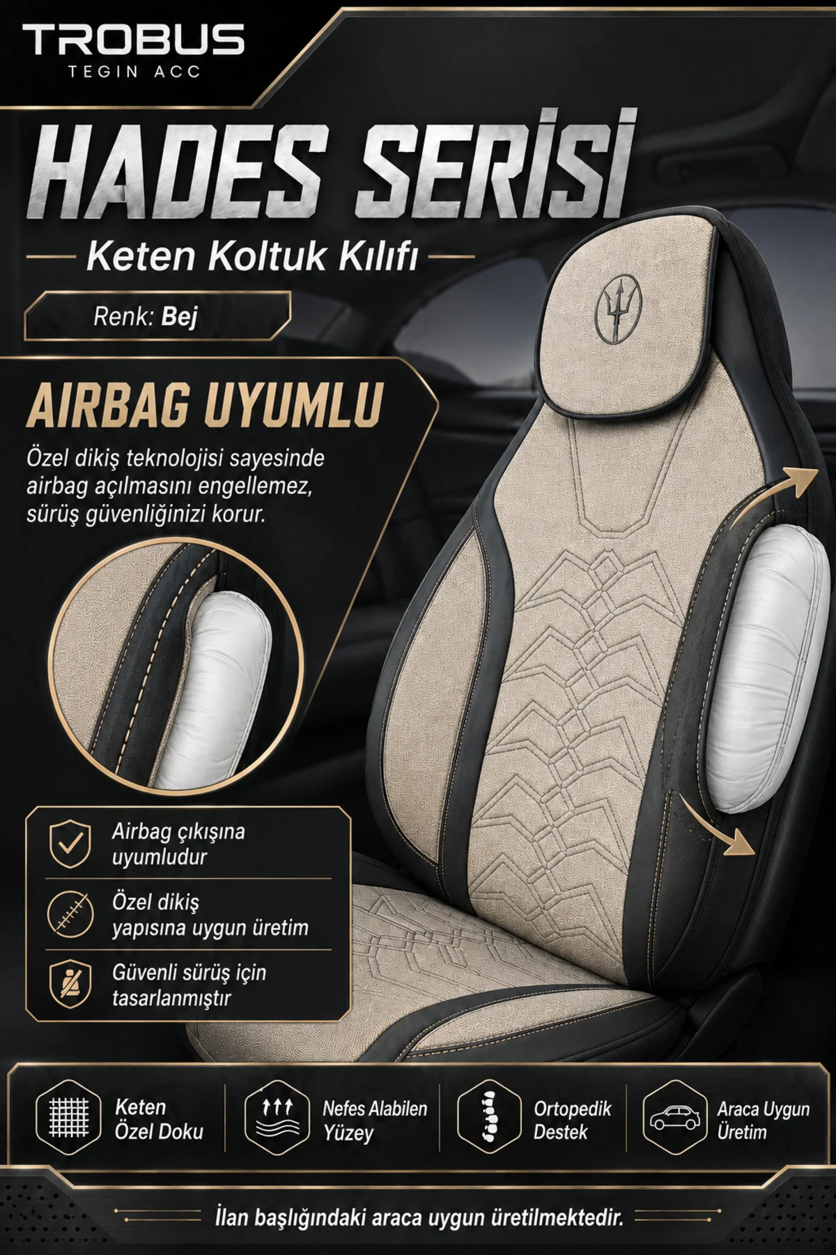 Hyundai i20 2008 ve Sonrası Uyumlu Hades Serisi Keten Koltuk Kılıfı Bej Siyah