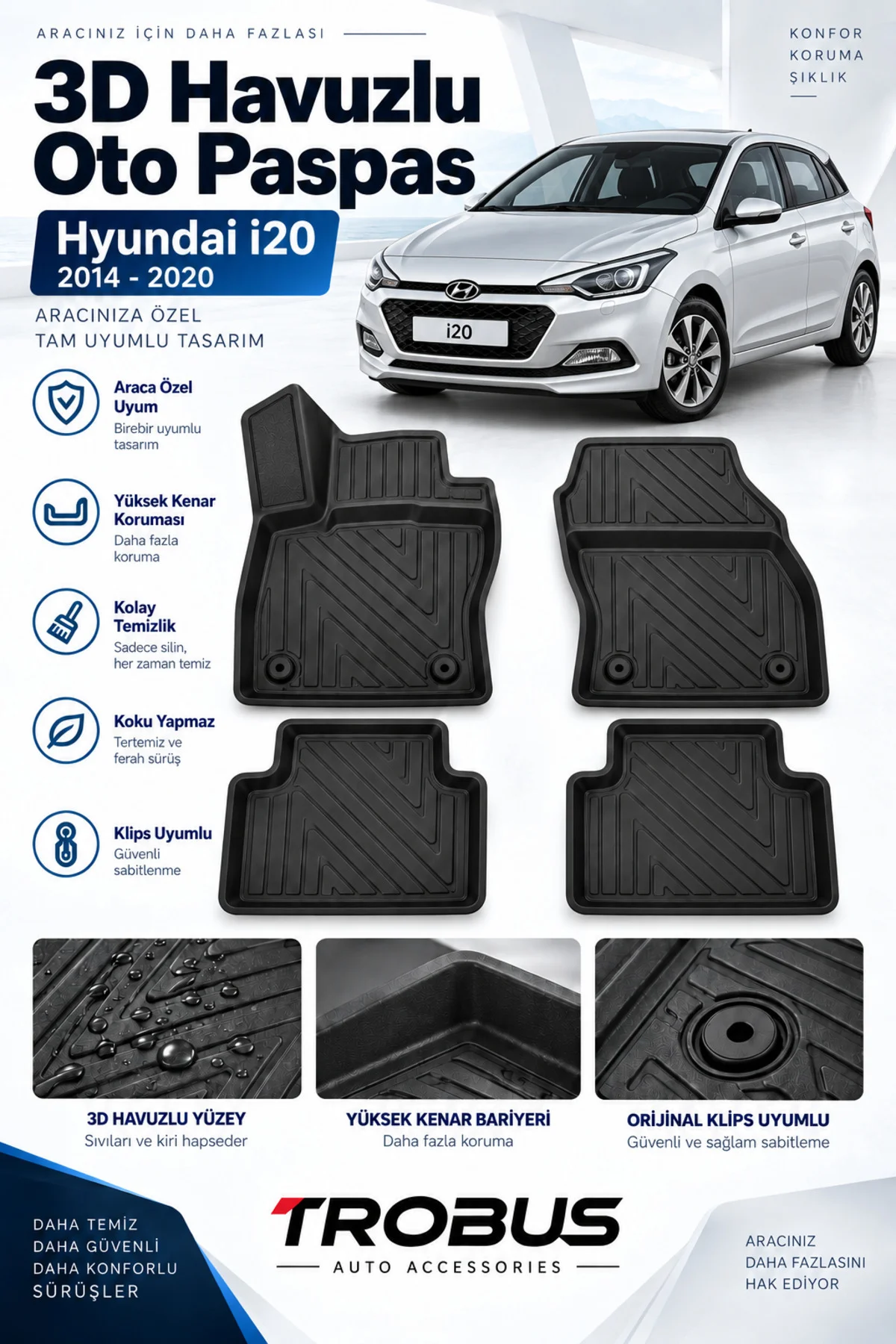 Hyundai i20 2014-2019 Karbon Desenli Premium 3D Havuzlu Oto Paspas