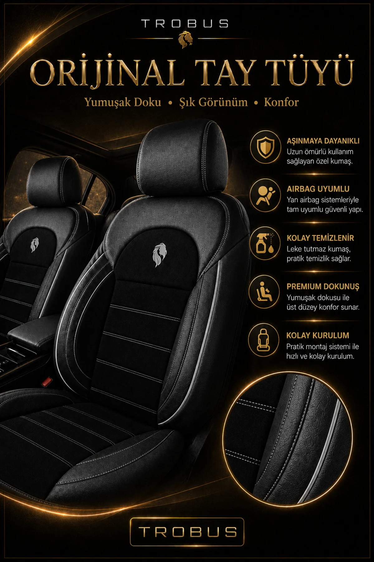 Hyundai i30 2007+ Uyumlu Lion Serisi Tay Tüyü Siyah Beyaz Premium Koltuk Kılıfı