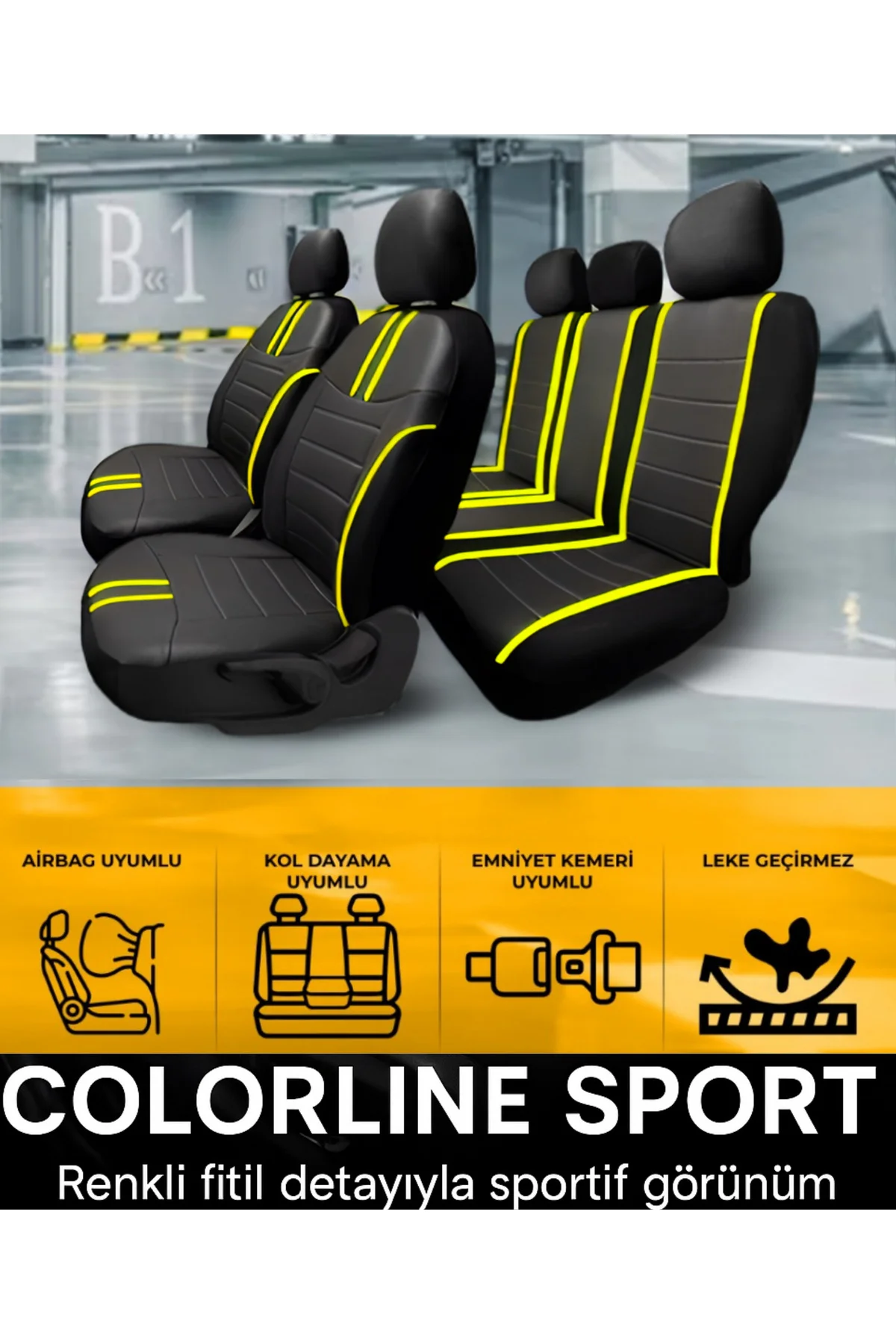 Hyundai i30 2007 ve Sonrası Uyumlu Colorline Sport Deri Siyah - Sarı Koltuk Kılıfı