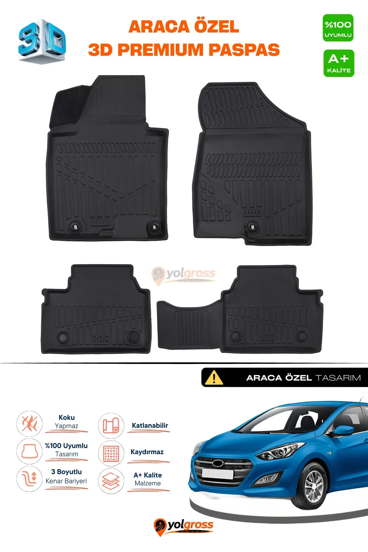 Hyundai i30 3D Pro Havuzlu Paspas 2012-2016 A+ Kalite