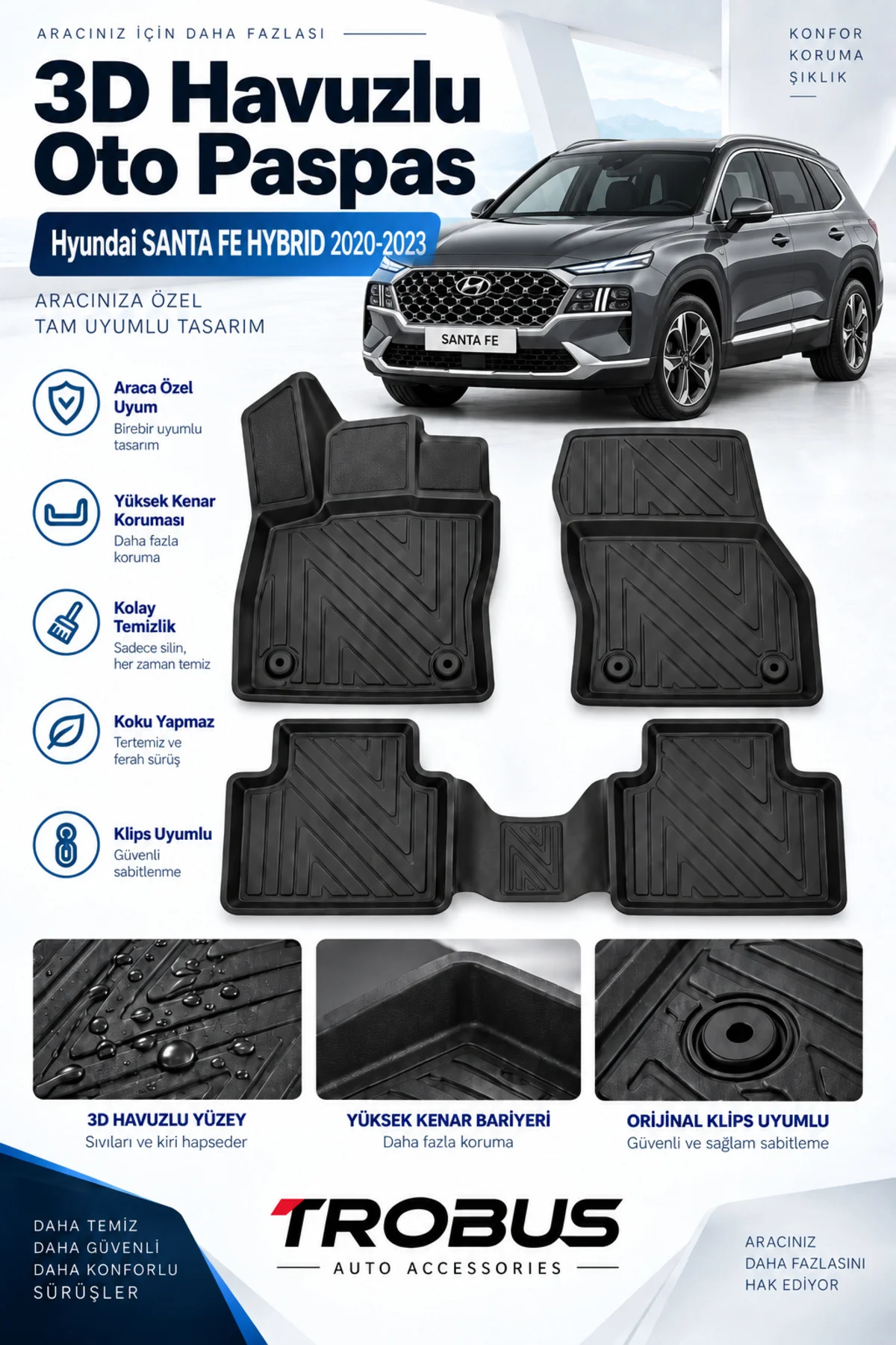 Hyundai Santa Fe Hybrid 2020-2023 Karbon Desenli Premium 3D Havuzlu Oto Paspas Hyundai Santa Fe Hybrid 2020-2023 Karbon Desenli Premium 3D Havuzlu Oto Paspas
