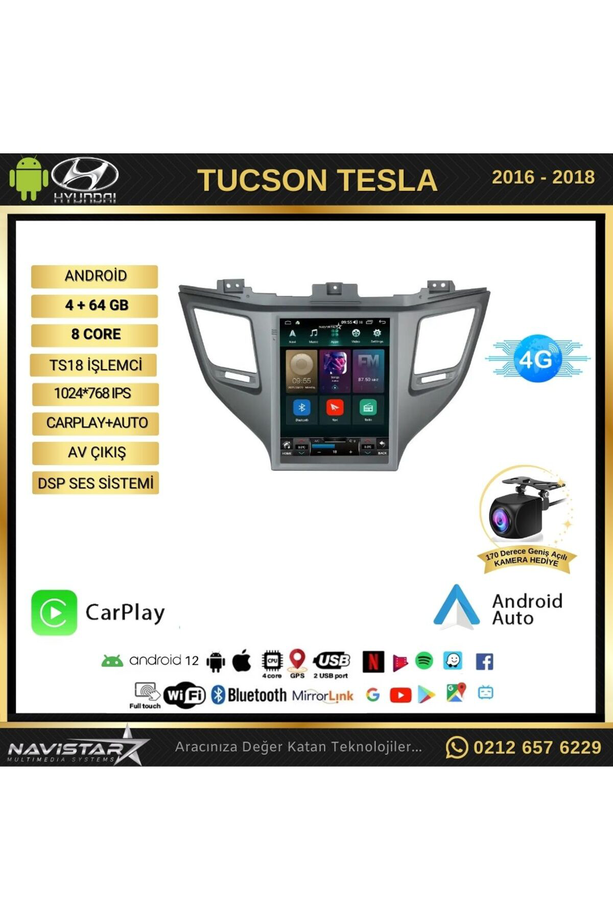 Hyundai Tucson Tesla 4gb 64gb 2016-2018 Model Kablosuz Carplay Na Hyundai Tucson Tesla 4gb 64gb 2016-2018 Model Kablosuz Carplay Na