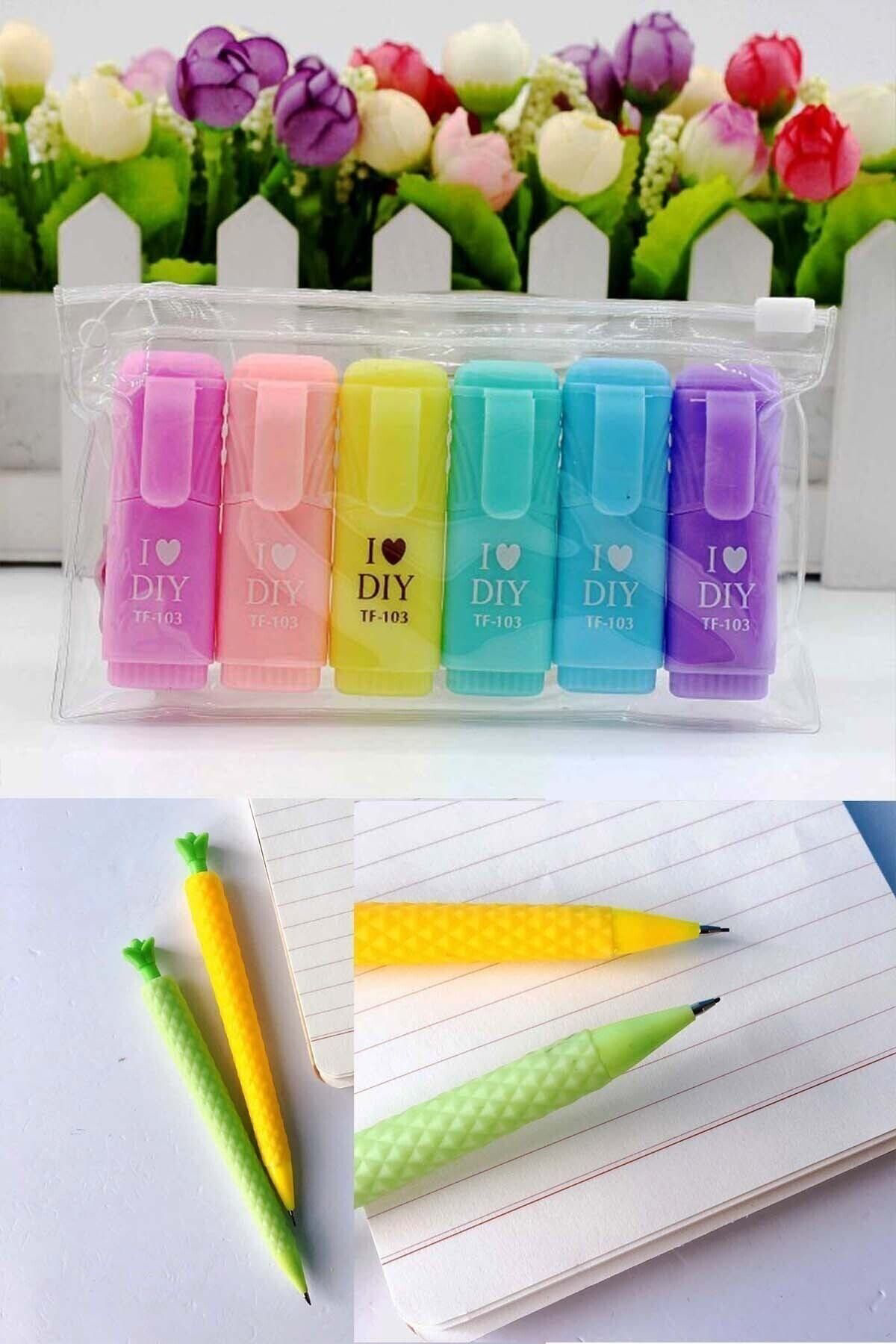 Patladi Gitti İ Love Diy Mottolu 6'Li Mini Fosforlu Kalem Ve Ananas Tasarimli 0