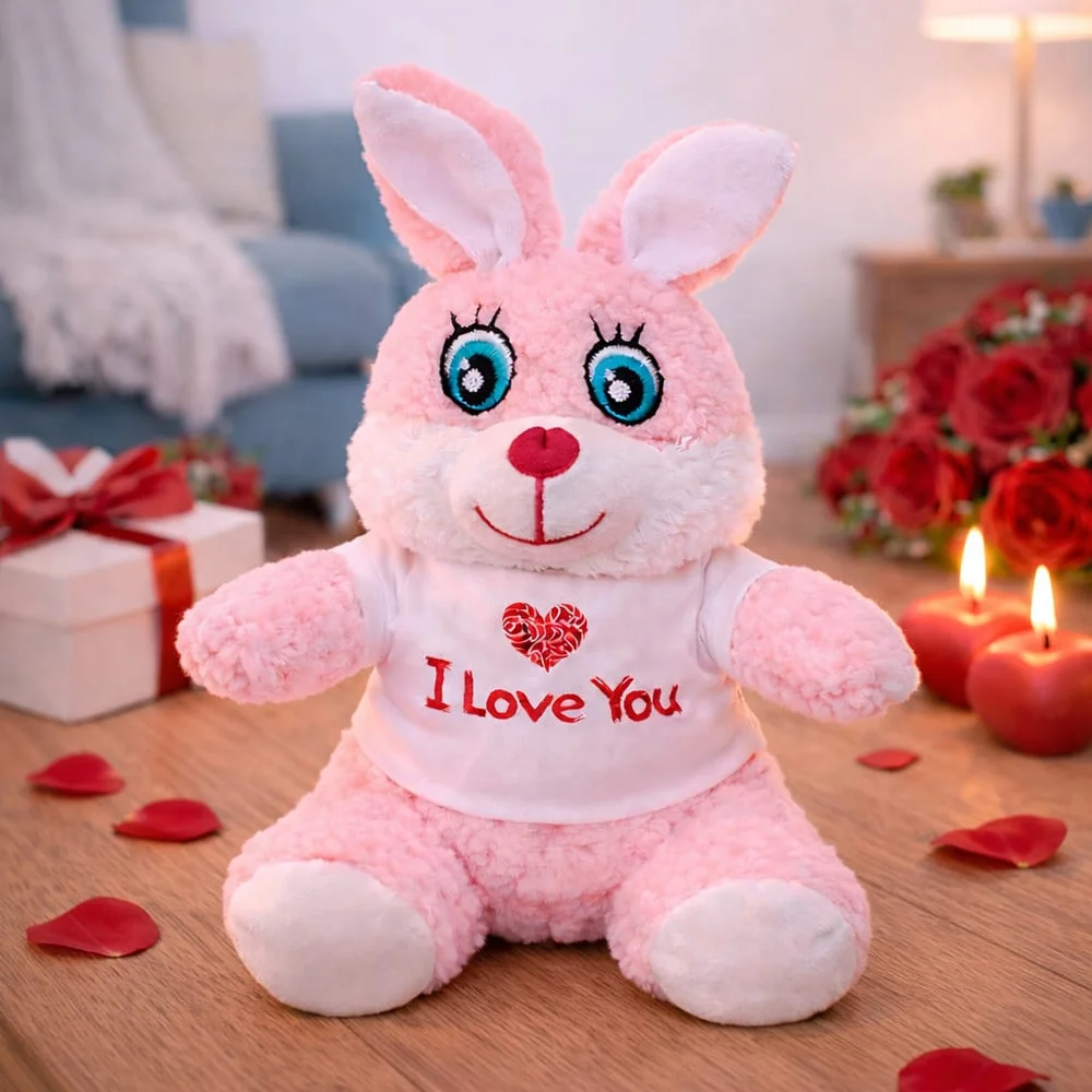 I Love You Tişörtlü Sevimli Pembe Peluş Tavşan I Love You Tişörtlü Sevimli Pembe Peluş Tavşan