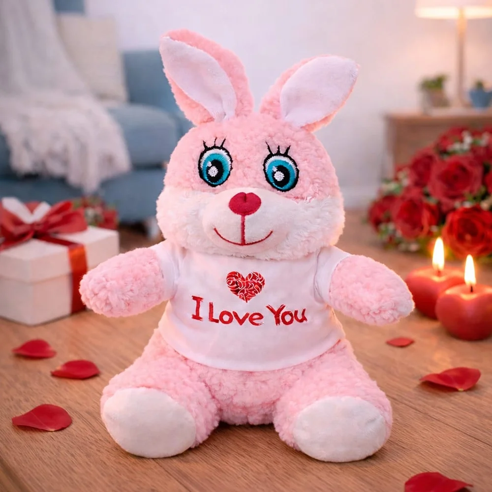 I Love You Tişörtlü Sevimli Pembe Peluş Tavşan I Love You Tişörtlü Sevimli Pembe Peluş Tavşan