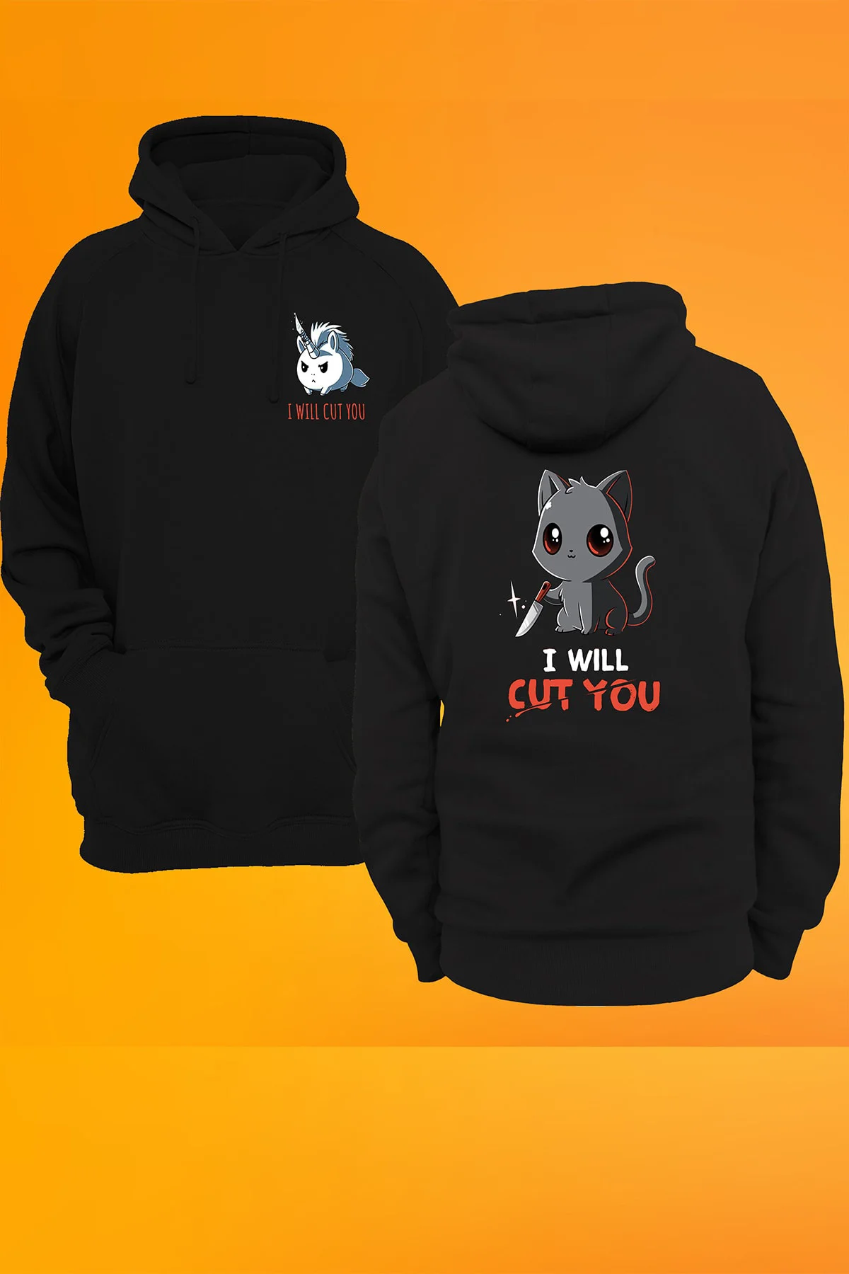 I Will Cut You Baskılı Fermuarsız Kapüşonlu Sweatshirt