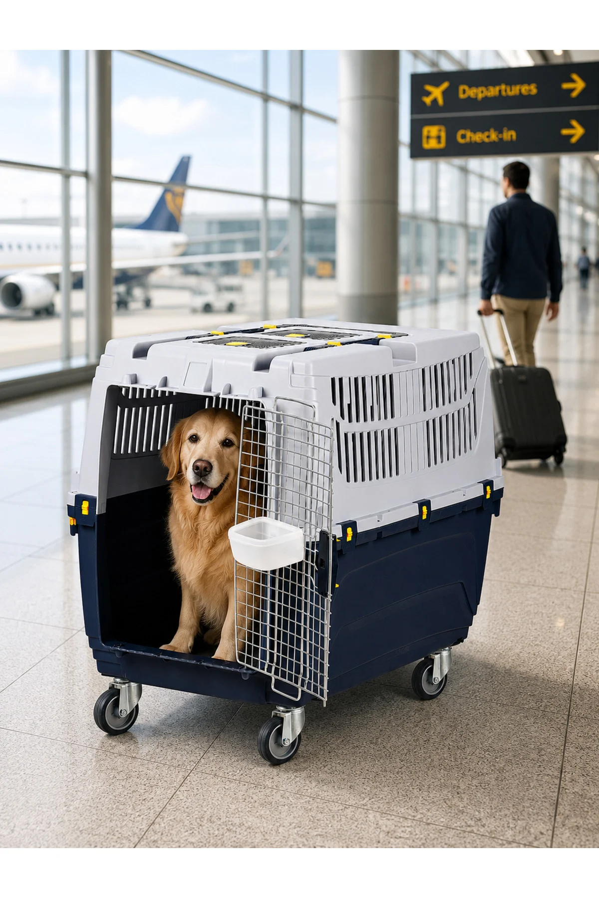 IATA Standartlarına Uygun Tekerlekli Büyük Boy Köpek Taşıma Kafesi 70x79x106 cm – Uçak Seyahatine Uygun Dayanıklı Pet Taşıma Boxu