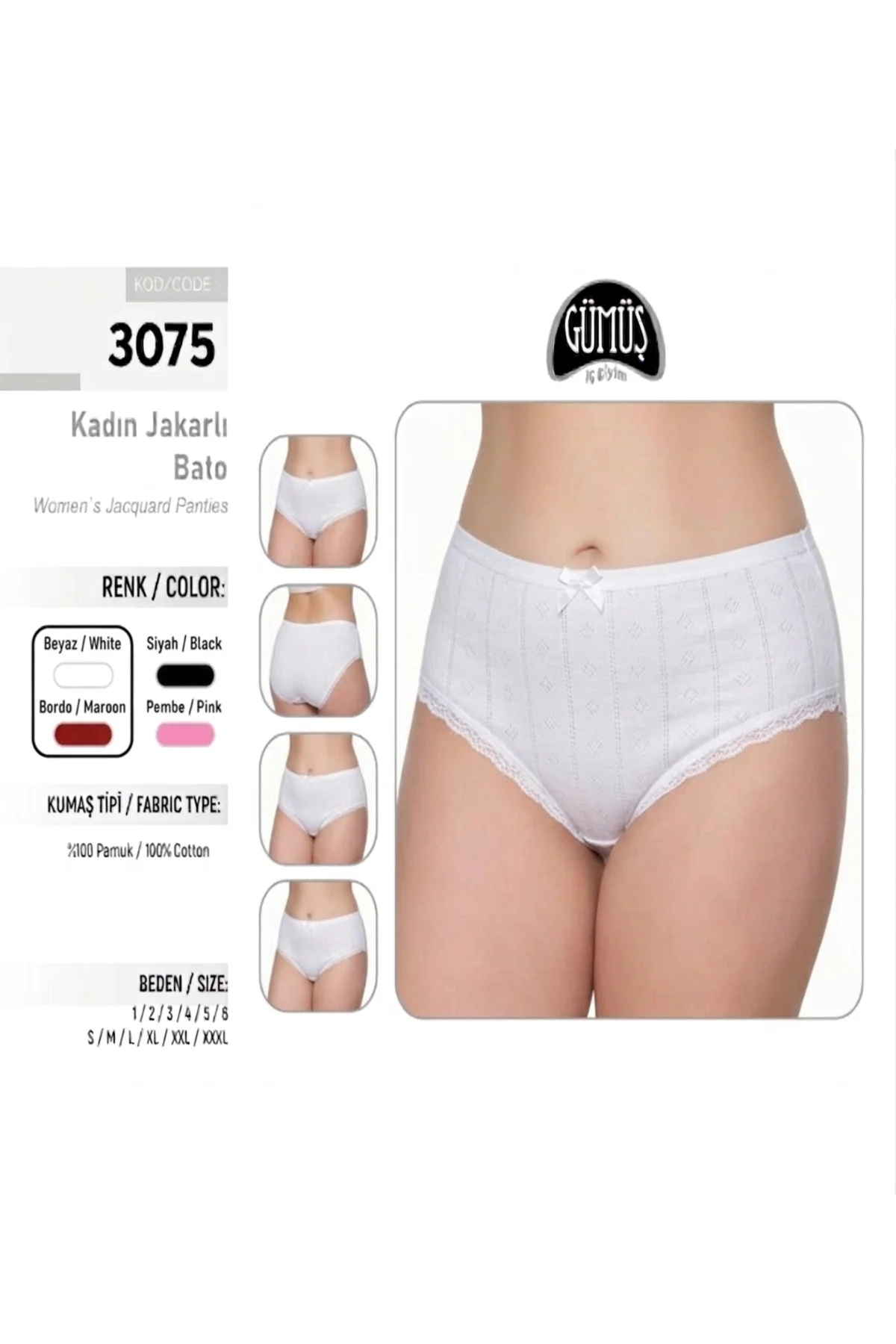İç Giyim (6 ADET) %100 Pamuk GÜMÜŞ Jakarlı Bato Slip Külot
