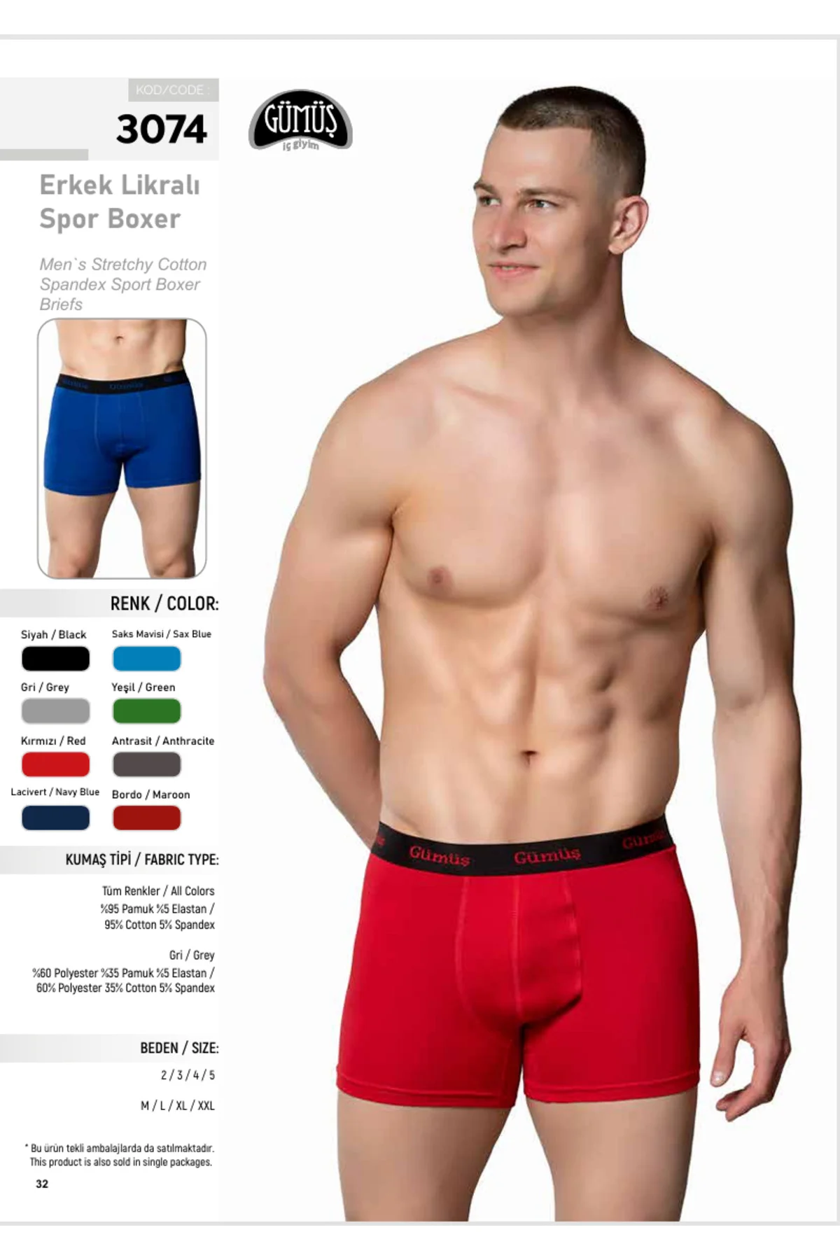 İç Giyim (6 Adet) GÜMÜŞ Erkek Spor Likralı Kemerli Boxer