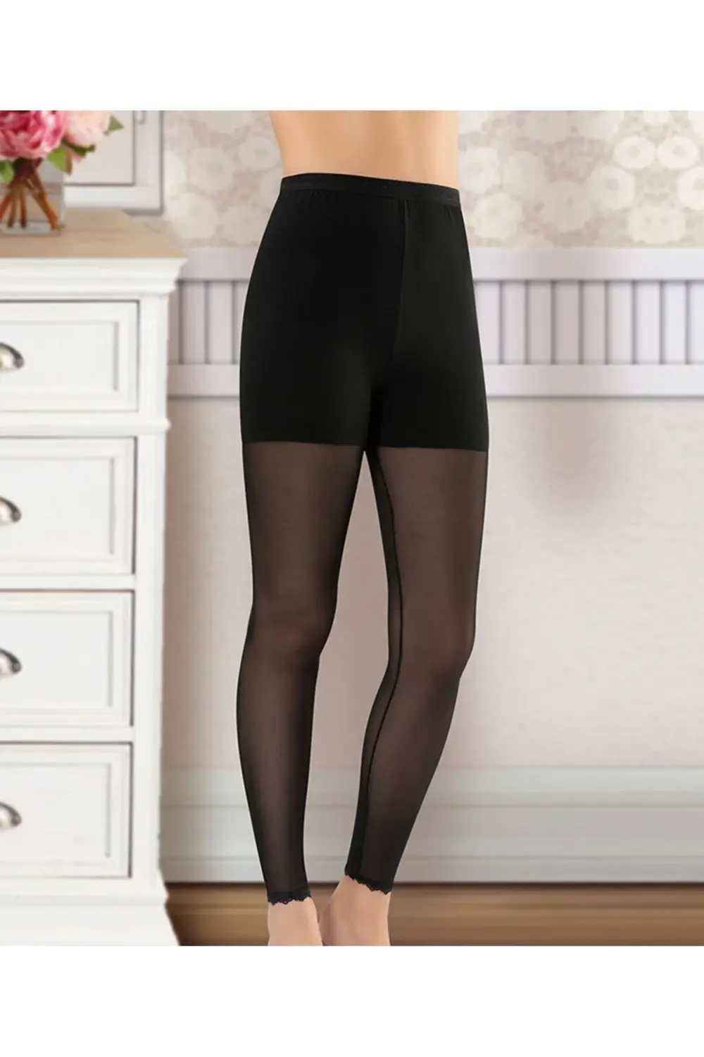 İç Giyim Derya Kurşun Üst Kısmı Pamuk Altı Tül Birleşik Uzun Tayt