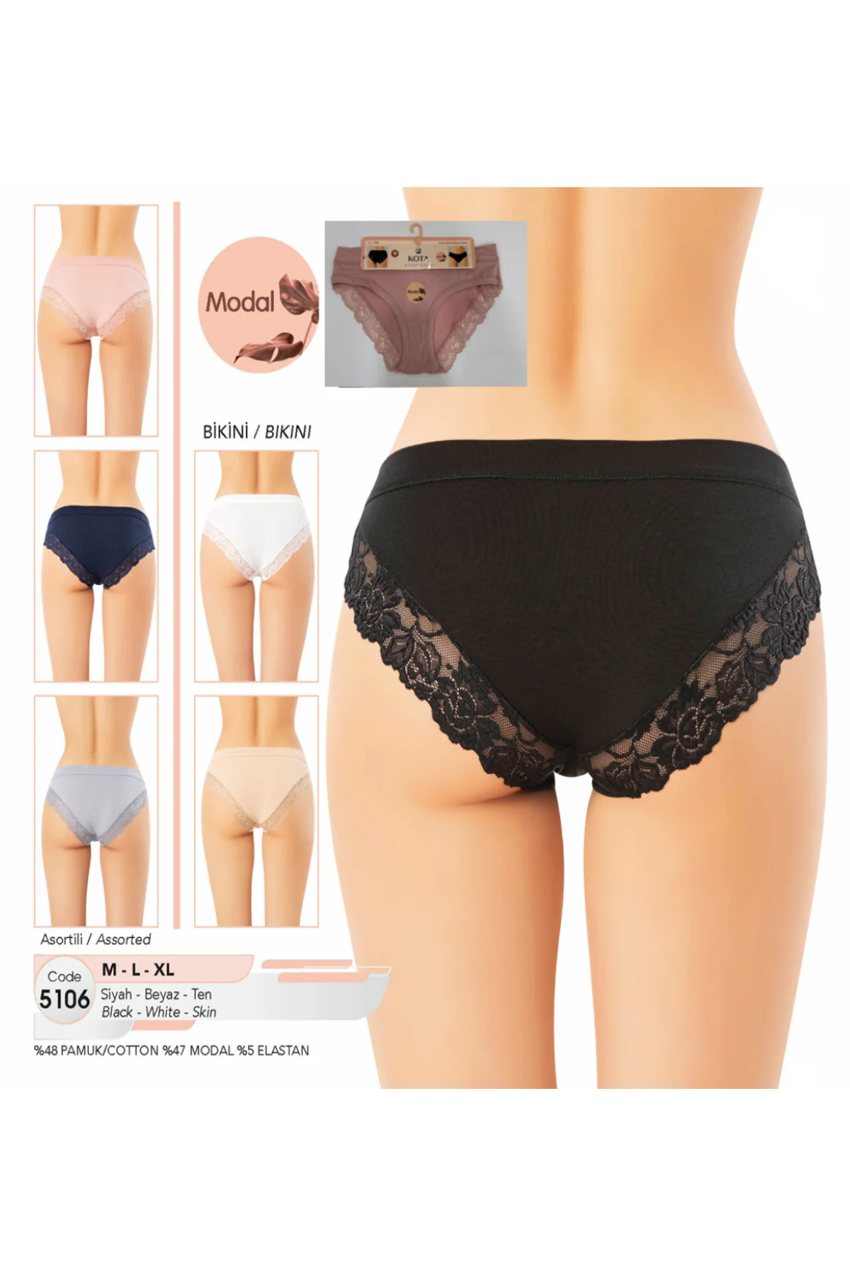İç Giyim KOTA Modal Kumaş (6 adet) Dantelli Bikini Külot ASORTİLİ PAKET
