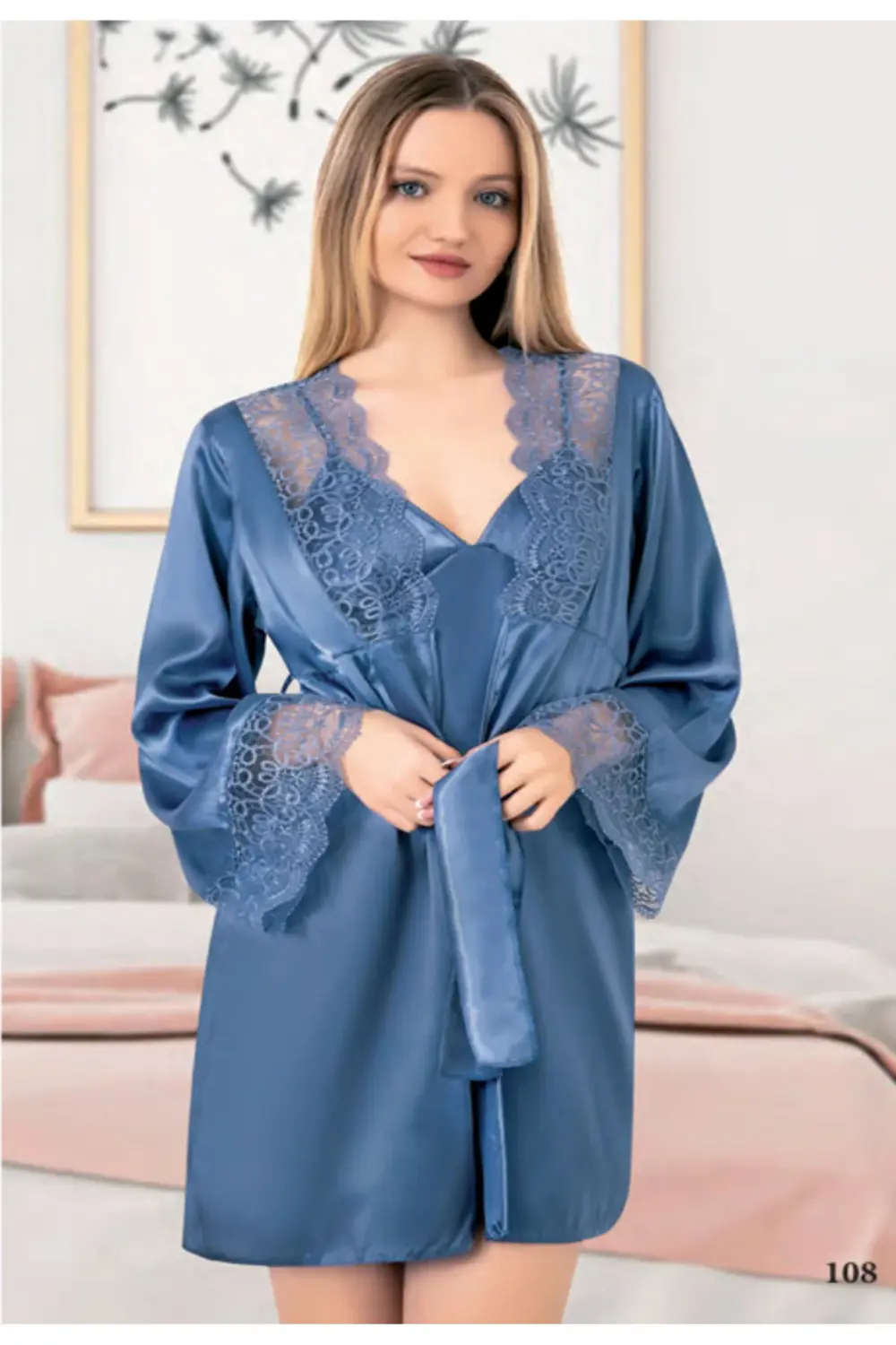 İç Giyim MİSS LARİS İkili Saten Gecelik Sabahlık Takımı Çeyizlik