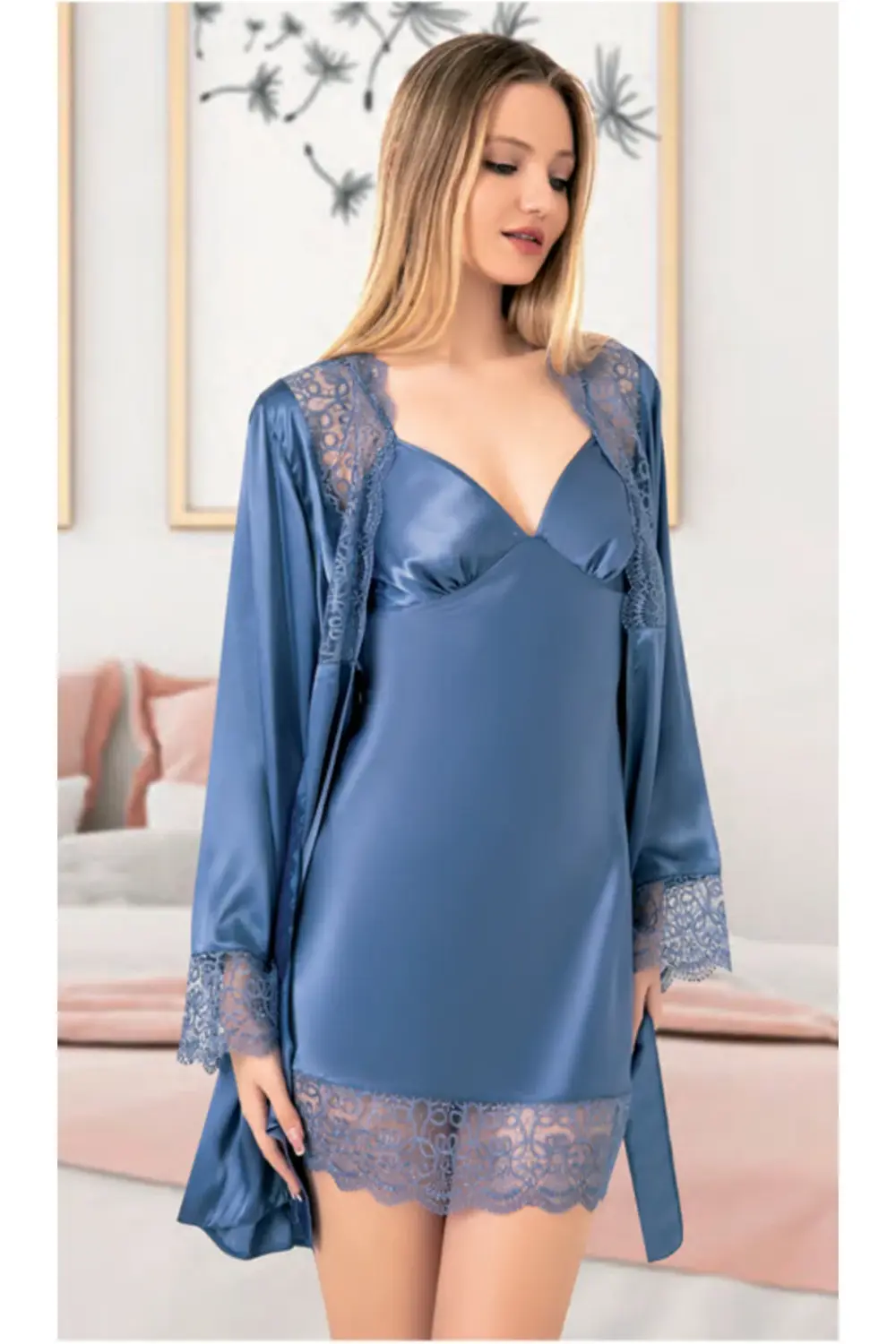 İç Giyim MİSS LARİS İkili Saten Gecelik Sabahlık Takımı Çeyizlik