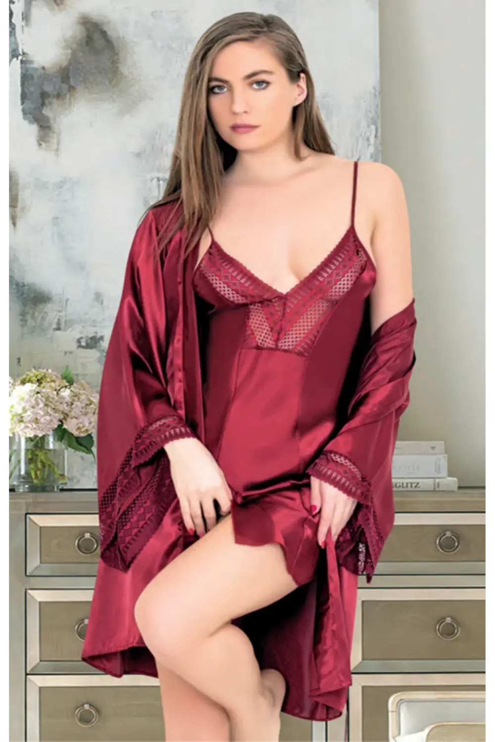 İç Giyim MİSS LARİS İkili Saten Gecelik Sabahlık Takımı Çeyizlik