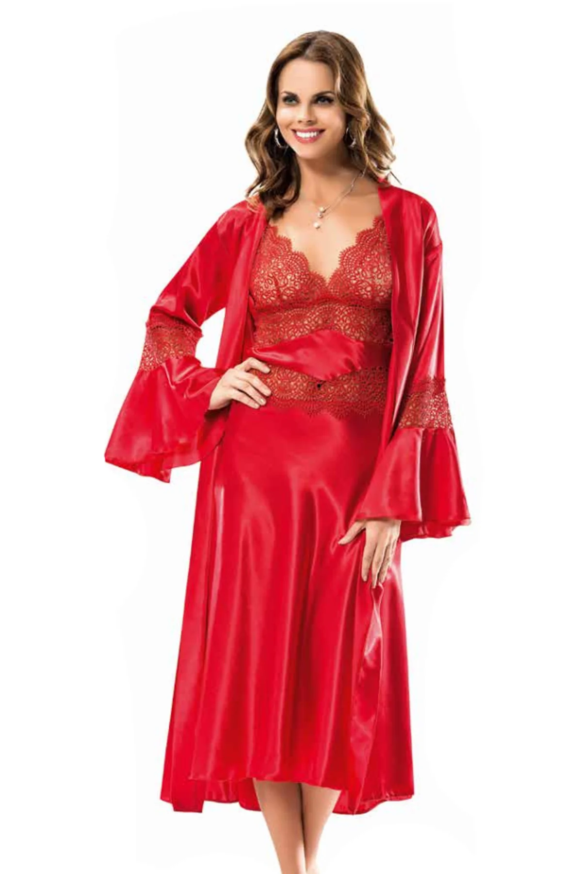 İç Giyim MOONGİRL Saten Uzun İkili Gecelik Takım