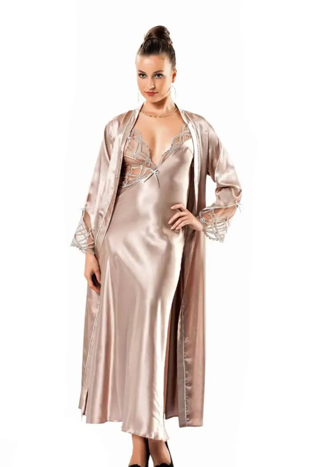 İç Giyim MOONGİRL Saten Uzun İkili Gecelik Takım