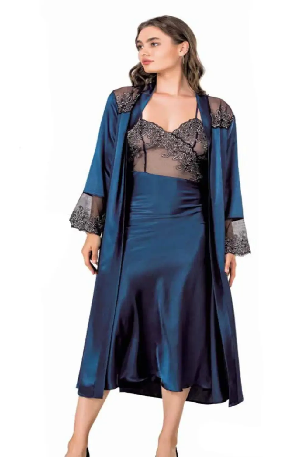 İç Giyim MOONGİRL Saten Uzun İkili Gecelik Takım